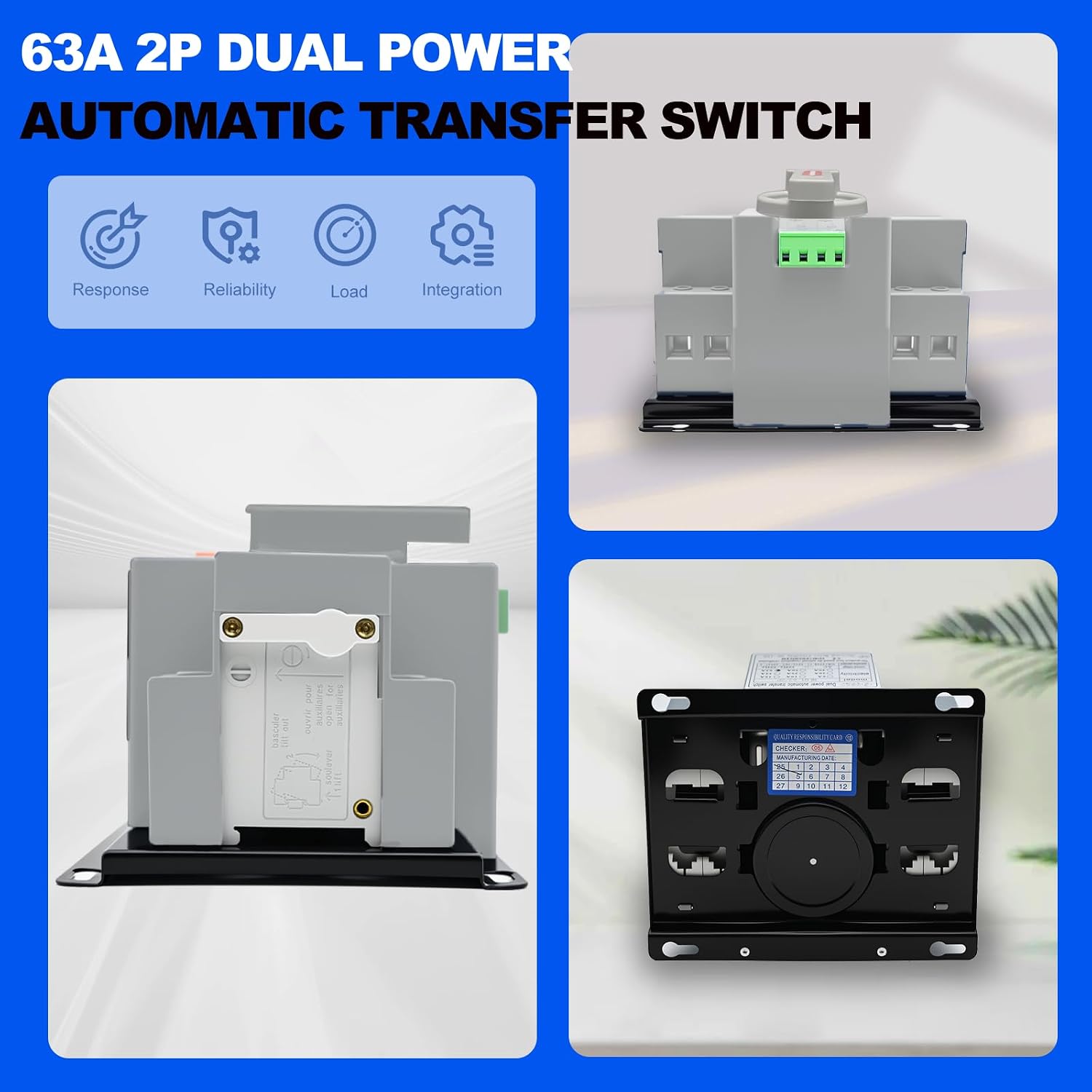 220V 2P 63A Dual Power Automatic Transfer Switch ATS, Changeover Switch for Generator CE Certified