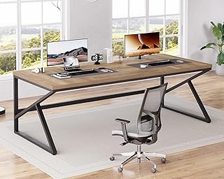 HSH Großer Schreibtisch 2 Personen Computertisch PC Tisch als Bürotisch für Home Office aus Holztisch und Metall industrielles Design Rustikale Eiche 200 cm
