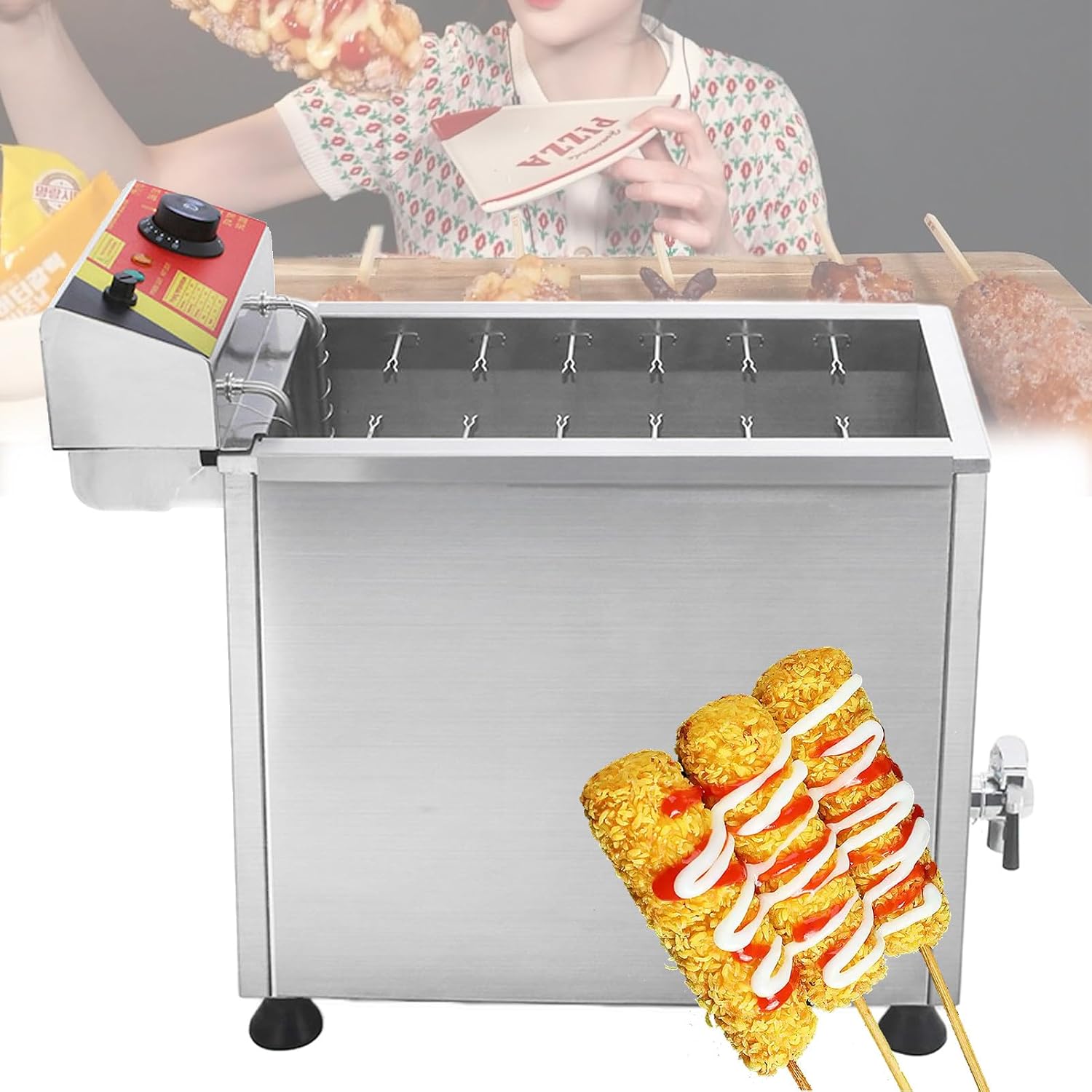 21L LPG Gas Commercial Korean Corn Cheese hot Dog Frying Machine deep Fryer Adjustable Temperature for Hot Dog, Corn Dog GasHeating