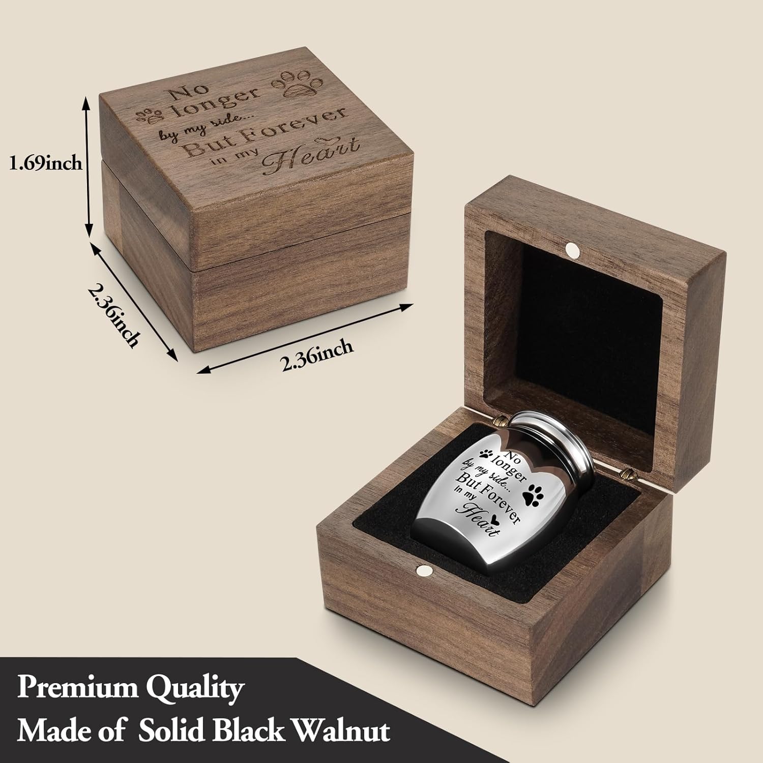 XIUDA Wooden Mini Pet Memorial Small Urns for Dog Ashes Stainless Steel Cremation Mini Urn with Black Walunt Box Funeral Pet Paw Print Keepsake Urn for Ashes - Image 3