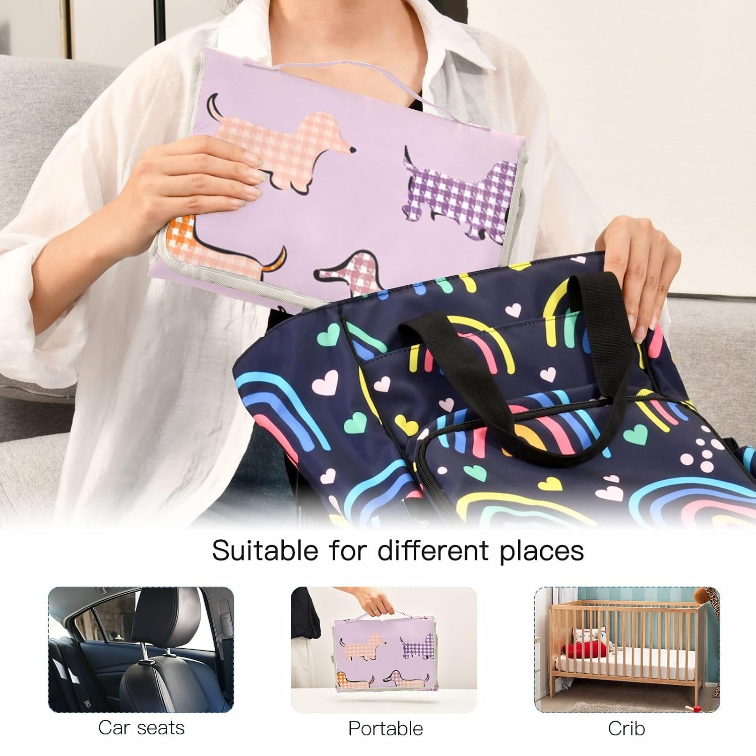 Cartoon Houndstooth Pups Reusable Toddler Changing pad with Tissue Pocket Baby Portable Changing pad for Moms, Dads cambiador de pa?ales para Bebes