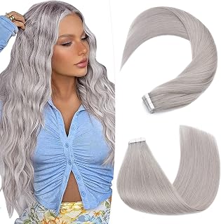 Hairro Tape In Hair Extensions - Human Remy Hair, Adhesive Skin Weft, Natural Glue-in Hairpieces, Full Head Grey, 20 Inch, 50g, 20pcs #GREY