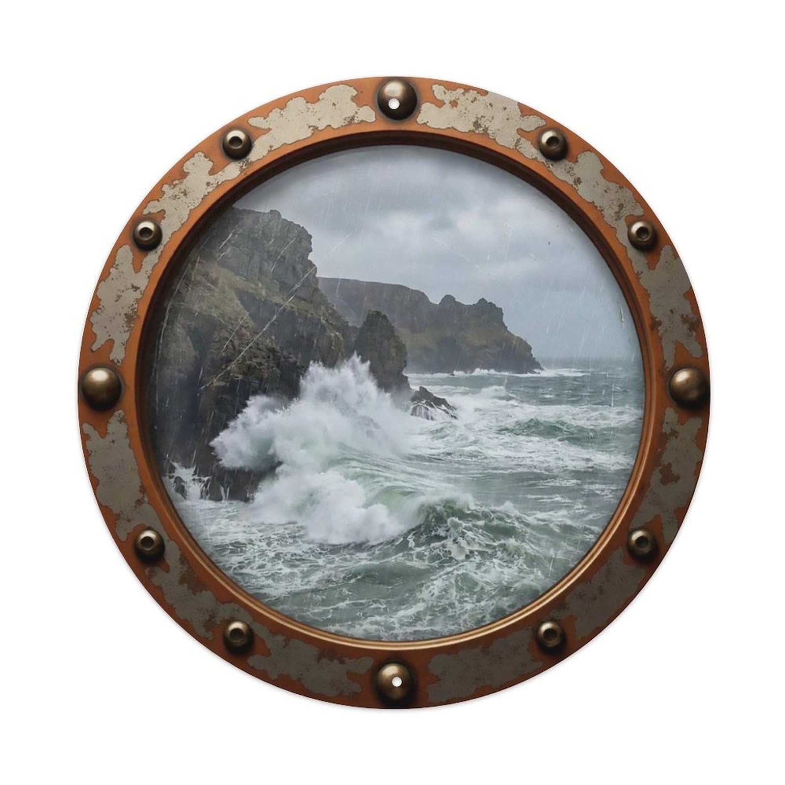Vintage Porthole Rocky Coast Nautical Window View Metal Tin Sign