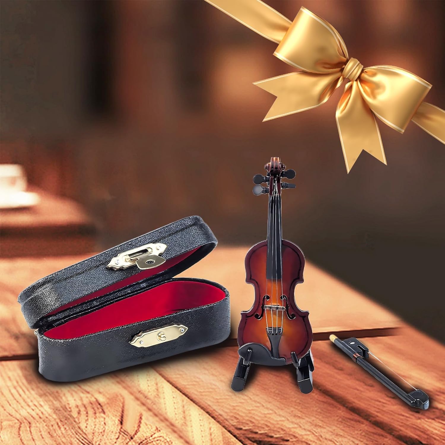 Violino in miniatura in legno con supporto, arco e astuccio, mini strumento musicale in miniatura modello casa delle bambole mini violino come decorazione per casa, ufficio, compleanno, Natale (8 x 3