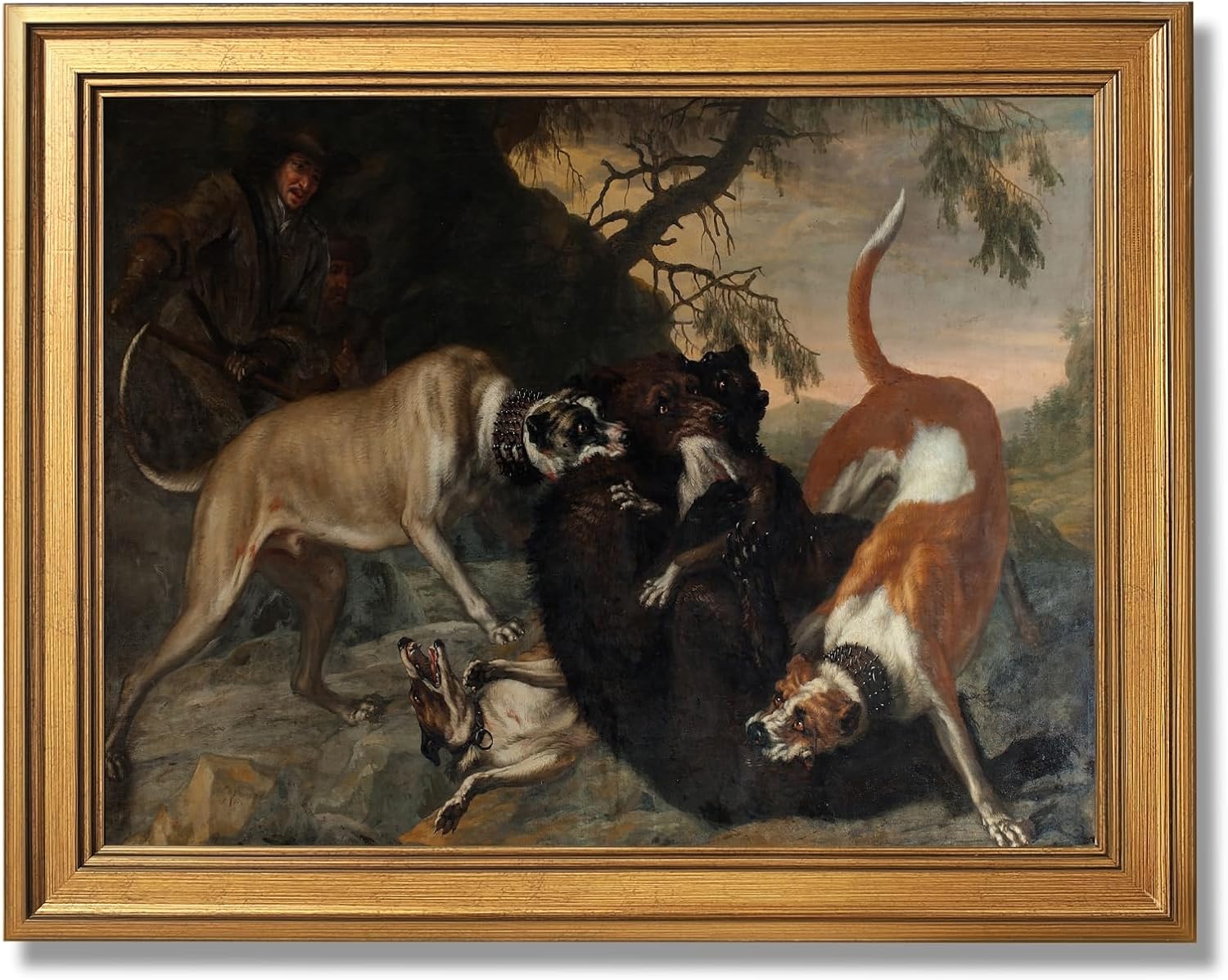 Large Framed European Hunting Scene Canvas Wall Art Björnjakt By David Klöcker Ehrenstrahl Oil Paintings Reproduction Poster Hound Dogs Hunt Wild Boar Forest Landscape Artwork Print 24x36inch