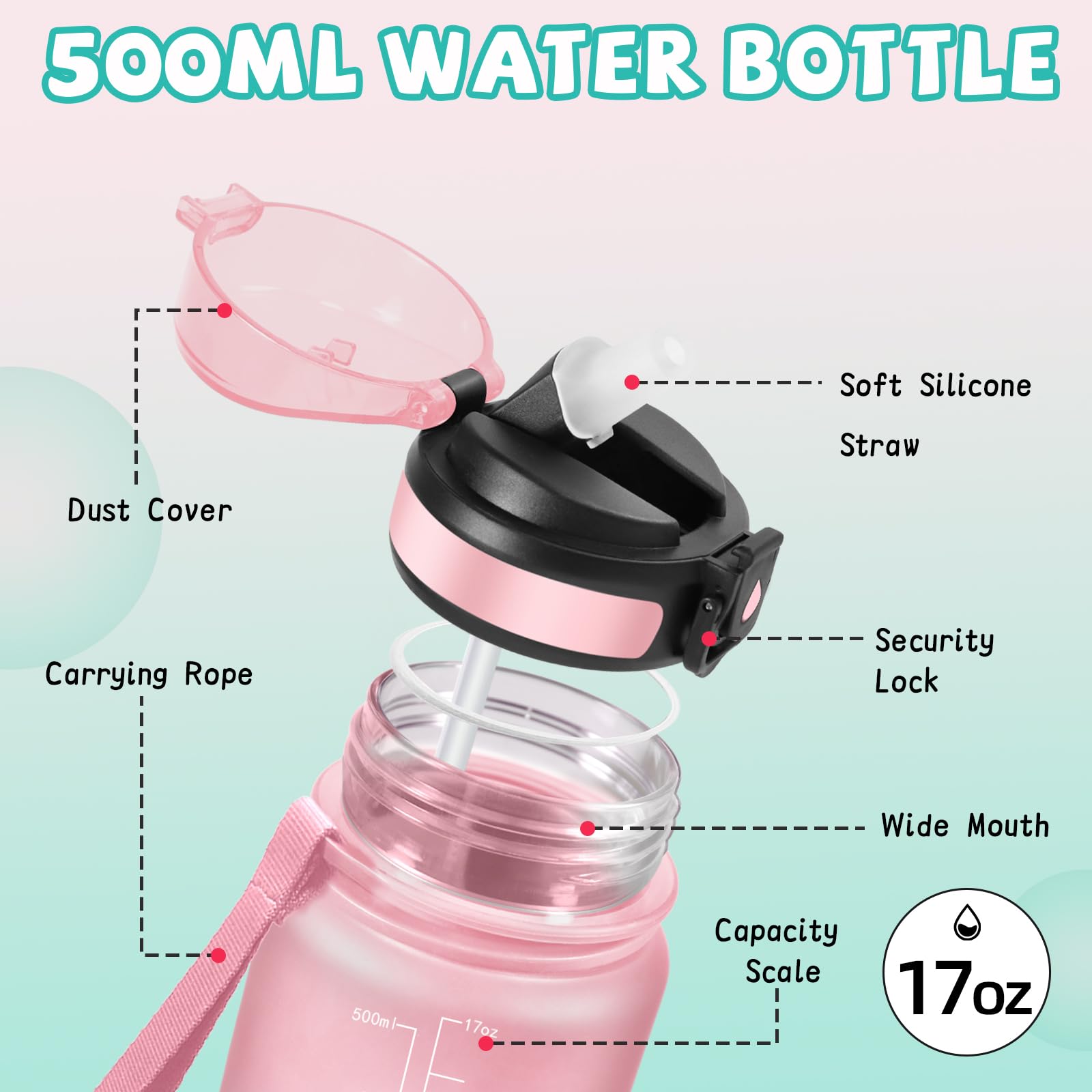 Grsta Borraccia, 500ml Borraccia Bambini, Senza Perdite, Borraccie con Cannuccia, Facile da Pulire, Borraccie Motivazionale, con Slogan Motivazionale, Borracce per Scuole, Campeggio, Corsa