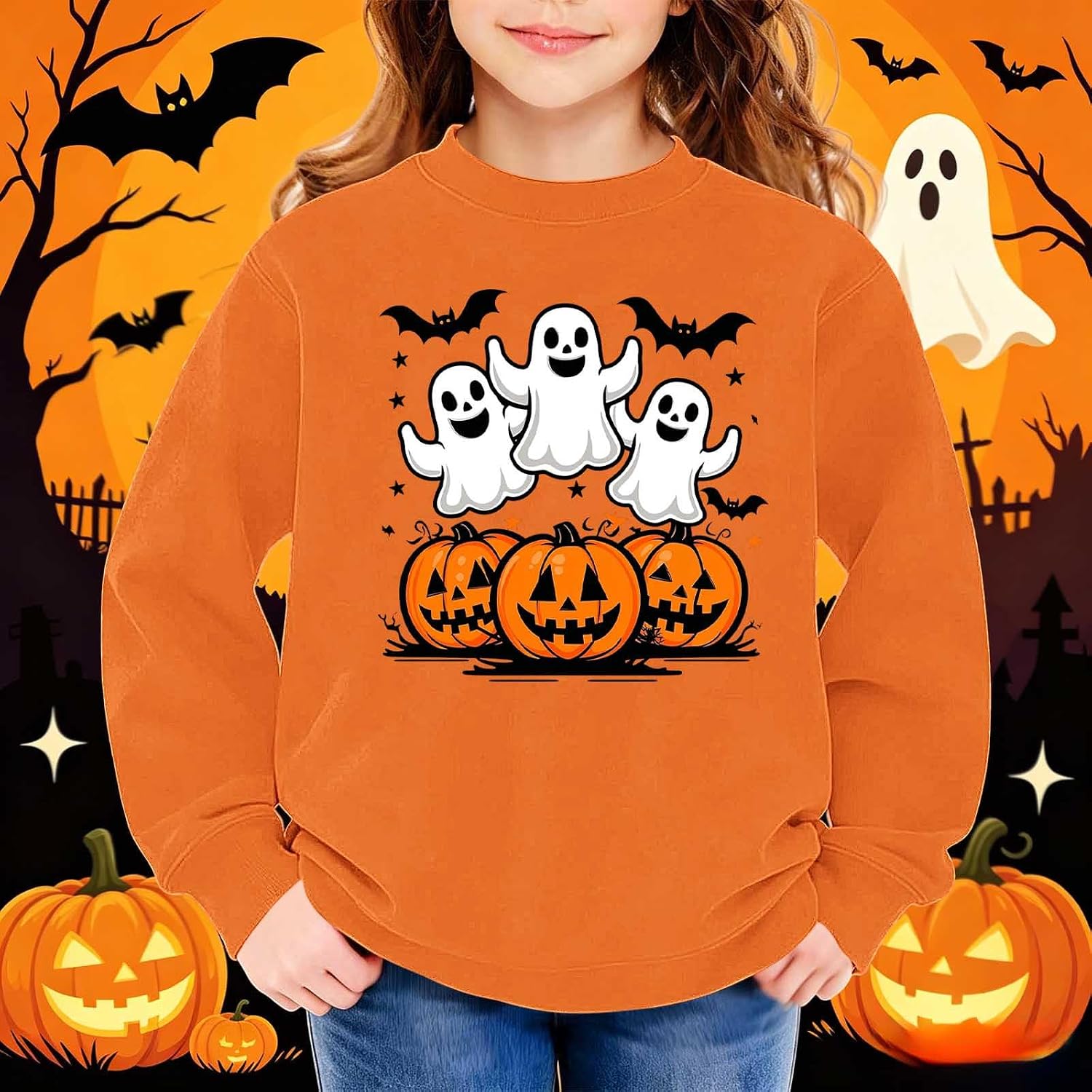 Girls Halloween Sweatshirt 2026 Loose Comfort Pumpkin Printed Pullover