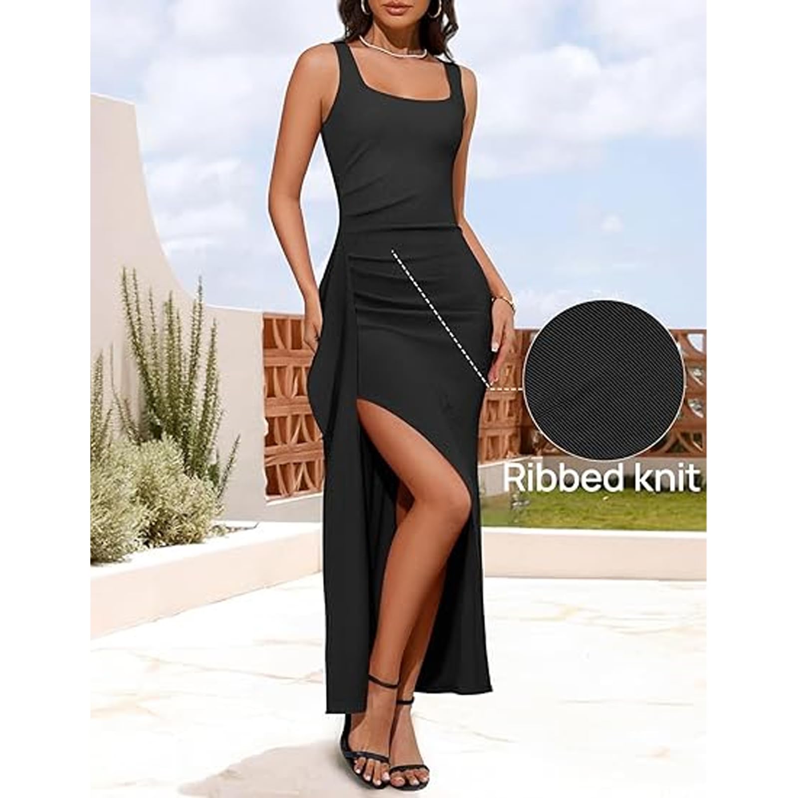 Robe Longue Femme Maxi Robe sans Manches Moulante Sexy Robes à Bretelles Fendue Robes de Soirée à Col Carré Elégant Couleur Unie Bodycon Slim Fit pour Cocktail Party Clubbing Nuit