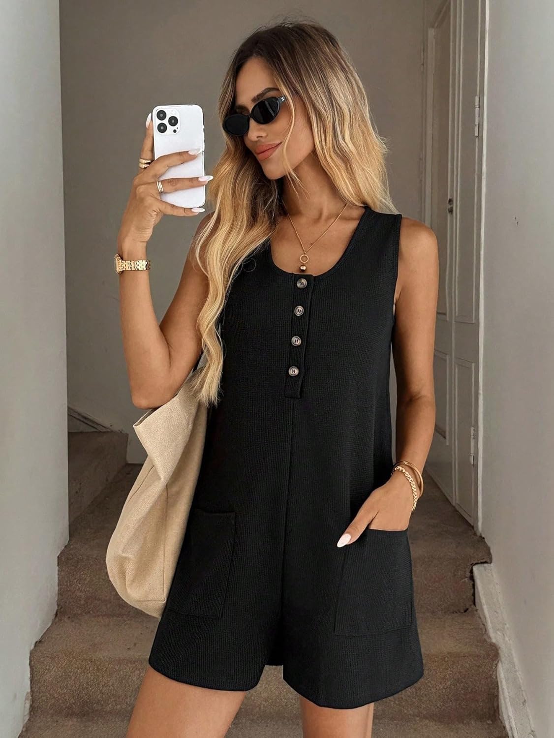 Rompers for Women Summer 2026 Solid Color Button Front Pocket Loose Romper