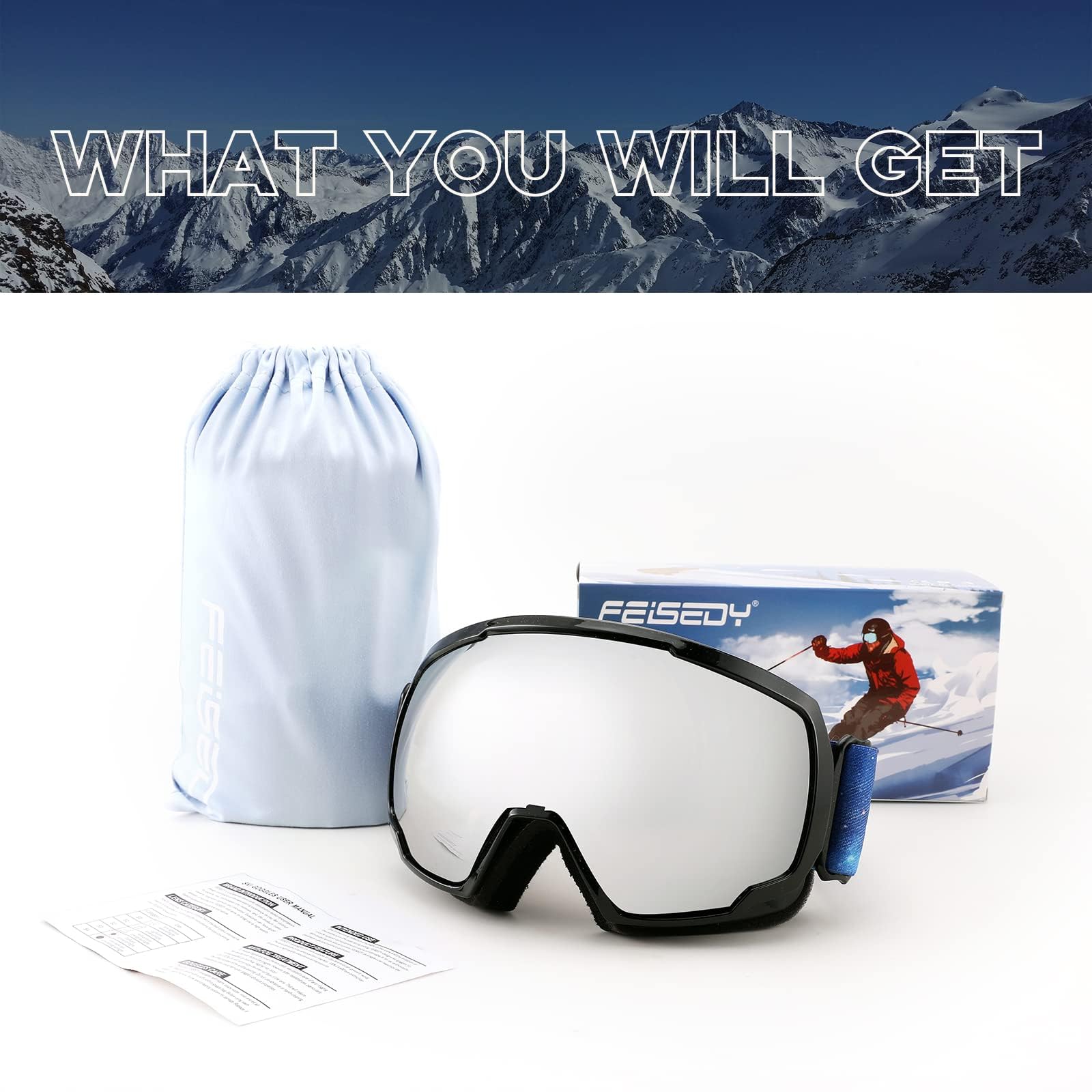 FEISEDY Maschere da Sci OTG Occhiali da Snowboard, Anti Nebbia B2960 | Protezione UV400, per Uomo Donna, Adatto Motoslitta, di Fondo e Altri Sport Invernali