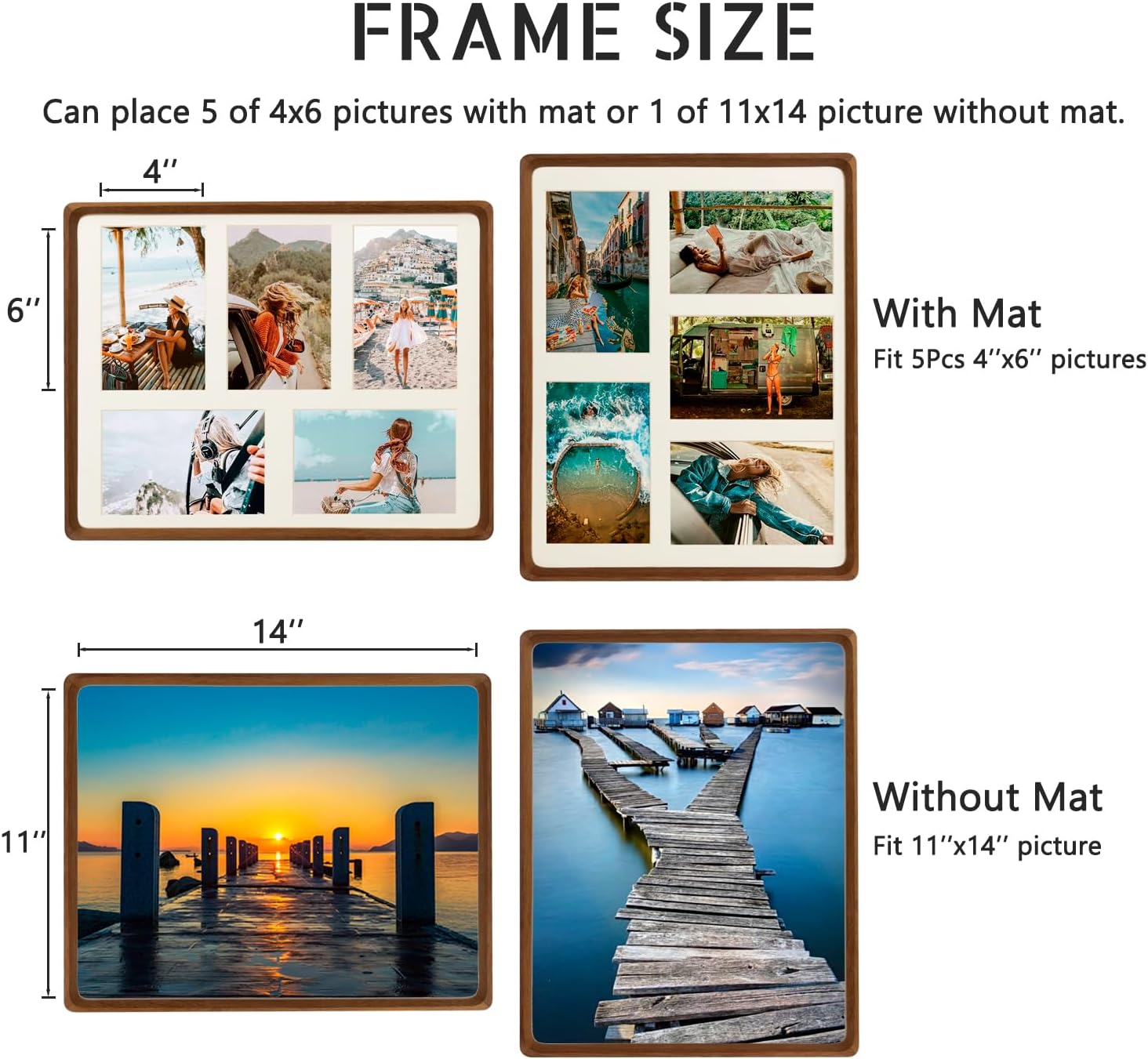 Natural Wood Multi-opening Picture Frame for Wall and Tabletop display (Walnut, 5 opening 4x6)