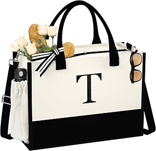 Initial Canvas Tote Bag - Reusable Grocery Bags, Birthday Gifts Basket for Bridemaids Friends Teachers