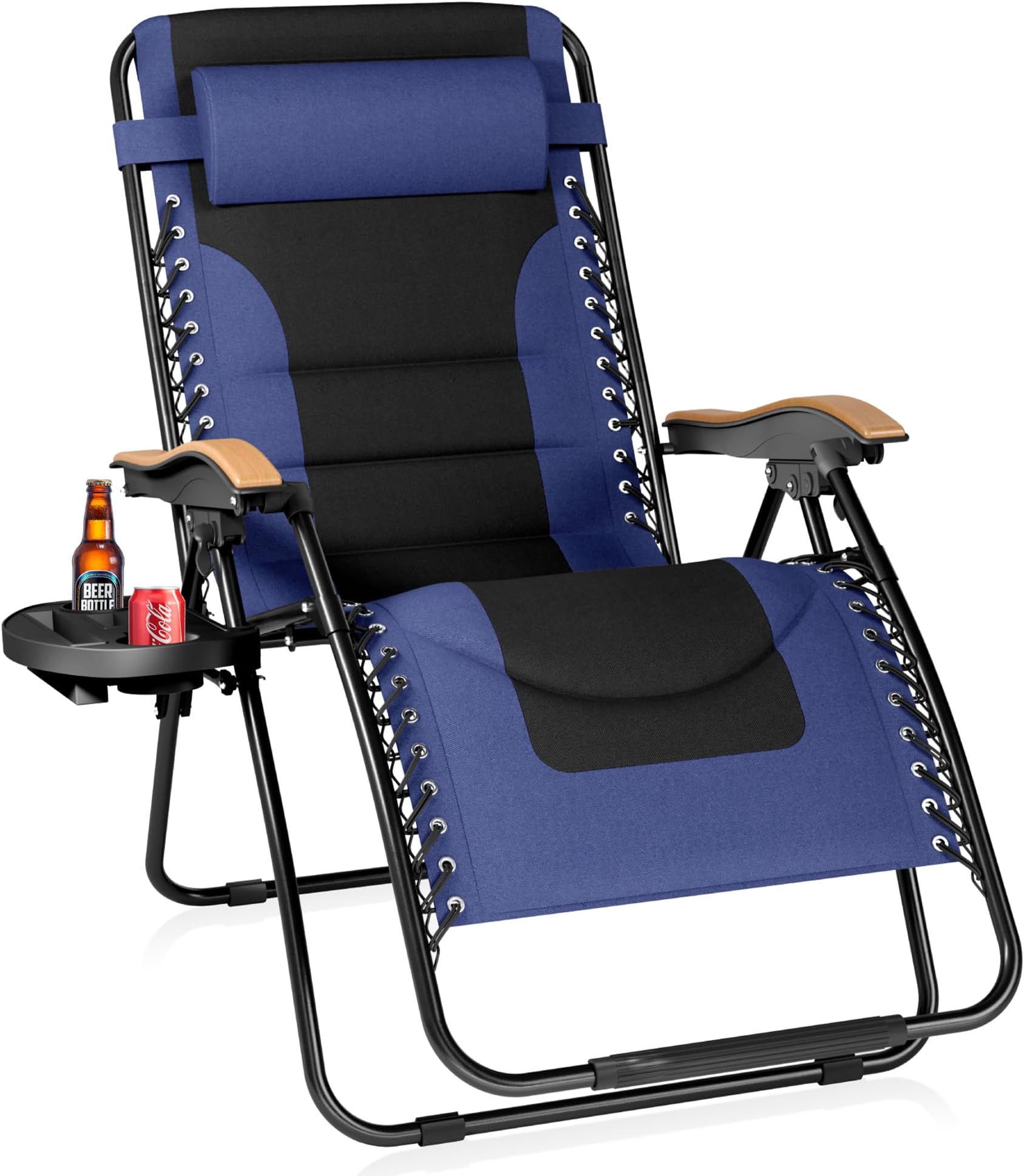PHI VILLA XXL Oversized Padded Zero Gravity Chair, Foldable Patio Recliner, 30" Wide Seat Anti Gravity Lounger with Cup Holder, Support 400 LBS (Navy Blue)