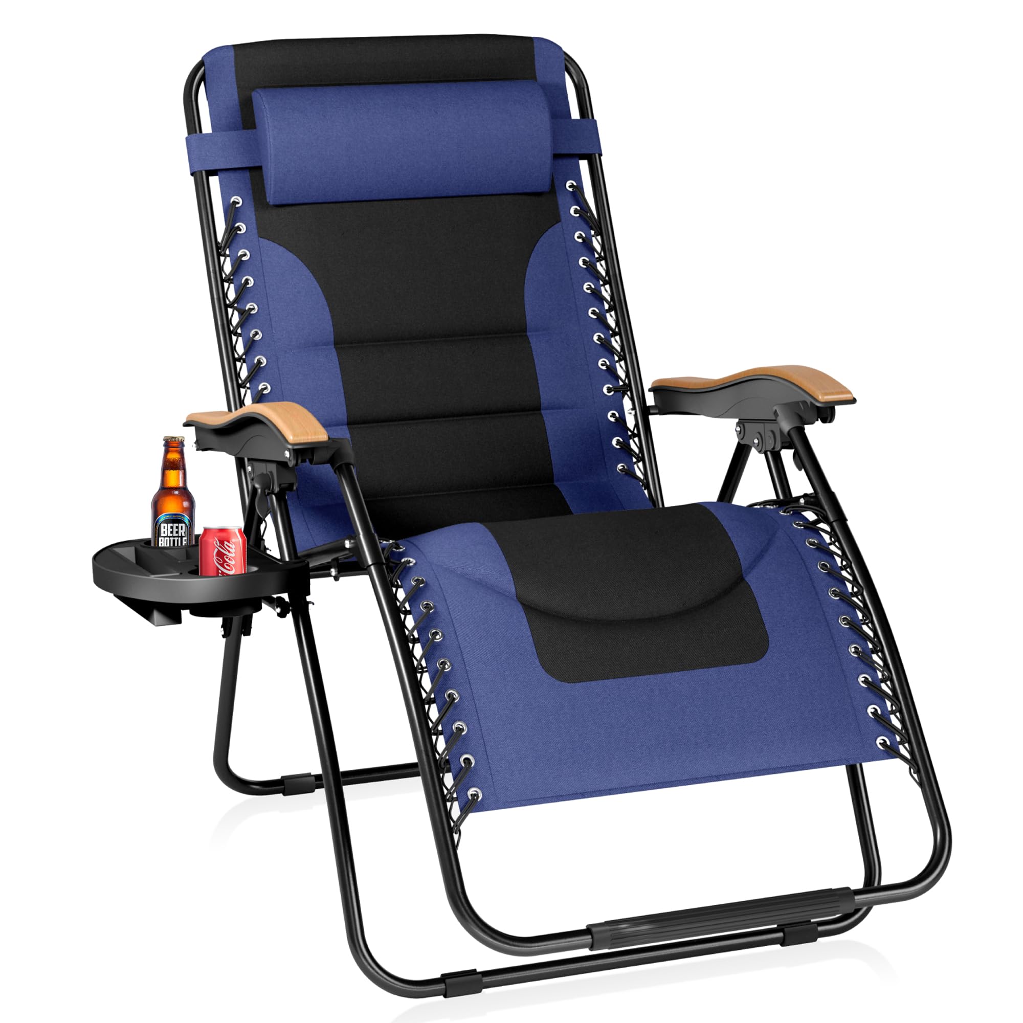 PHI VILLA XXL Oversized Padded Zero Gravity Chair, Foldable Patio Recliner, 30" Wide Seat Anti Gravity Lounger with Cup Holder, Support 400 LBS (Navy Blue)