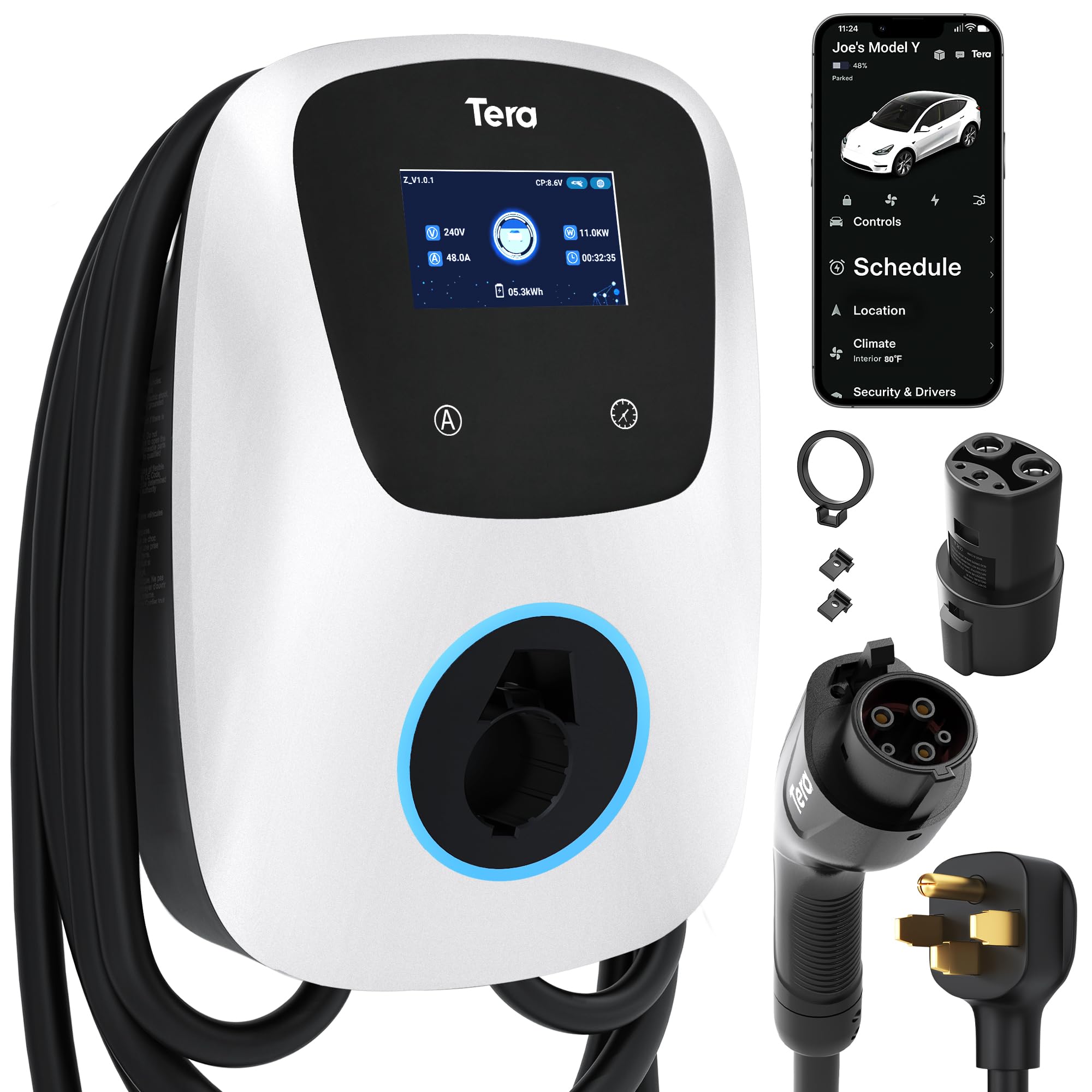 Tera Für Tesla EV Charger Level 2 SAE J1772: Garantie, 48A 40A 32A Adjustable 240V, NEMA 14-50 ETL UL Listed 25FT Kabel, IP66 Smart Wall Electric Vehicle Charging Station White