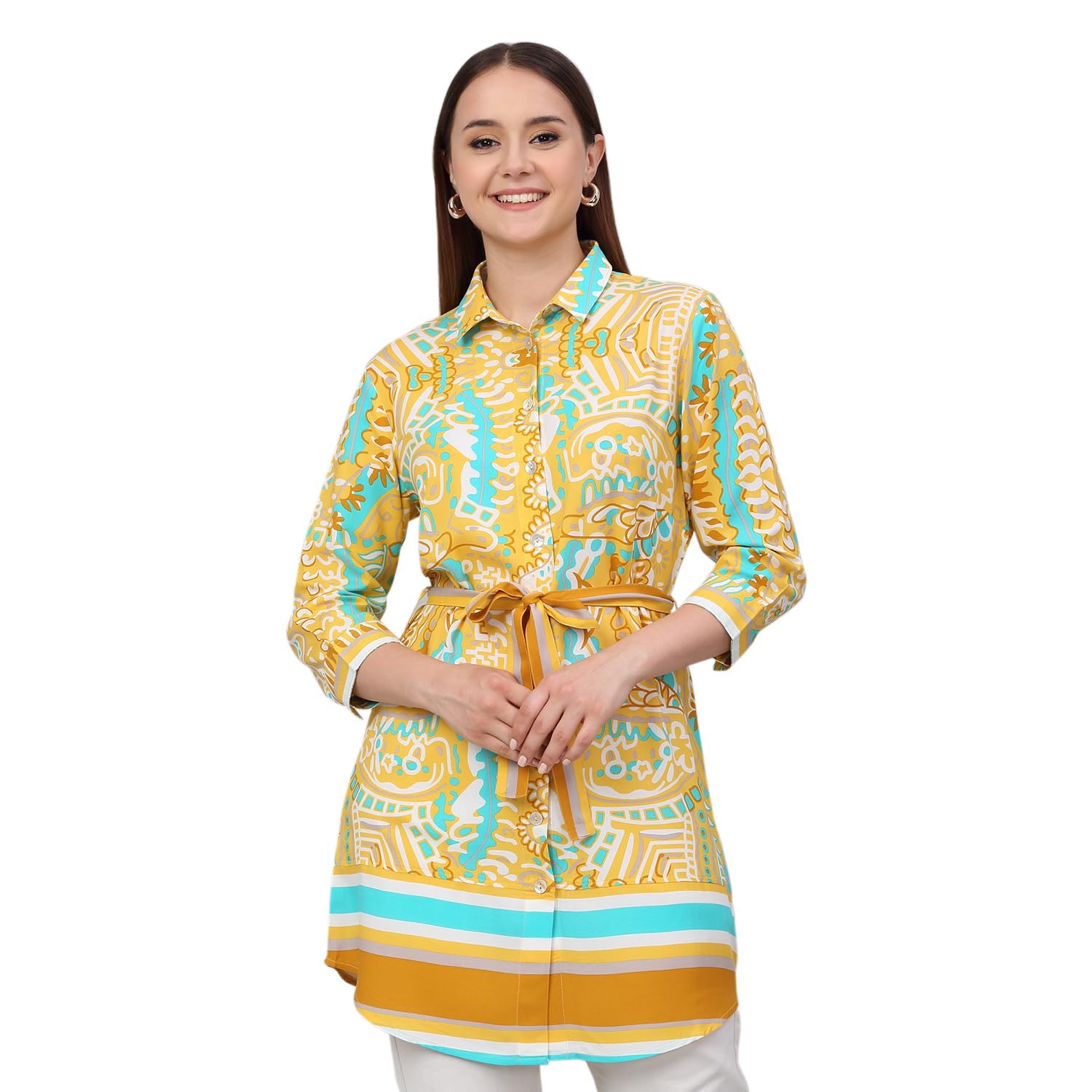 cantabil Women Printed Shirt Collar 3/4th Sleeves Casual Tunic I Casual Tunic for Women (P_LLTNC0005)-picture-20