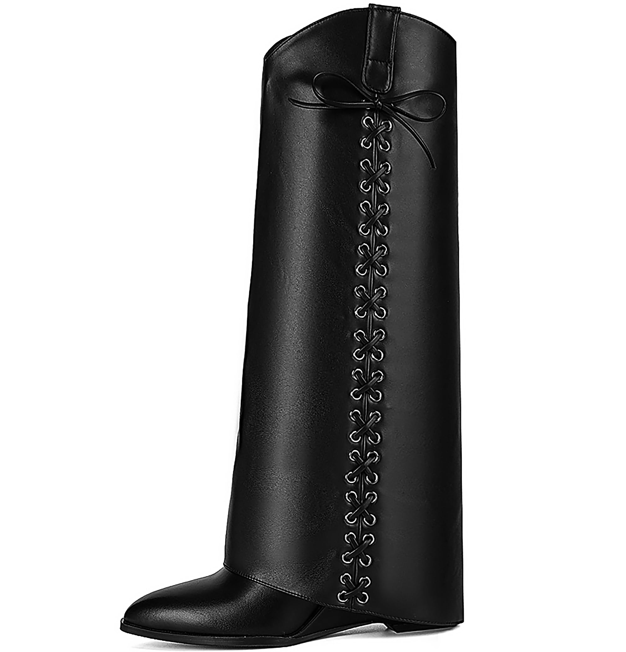 Fold Over Boots for Women Pointy Pull-on Wedge Heel Knee Shark Boot With Side Zipper Padlock Design