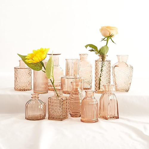 Juego de 12 jarrones de cristal ámbar, jarrones a granel, florero pequeño para centros de mesa, jarrones de brotes a granel, mini jarrón vintage