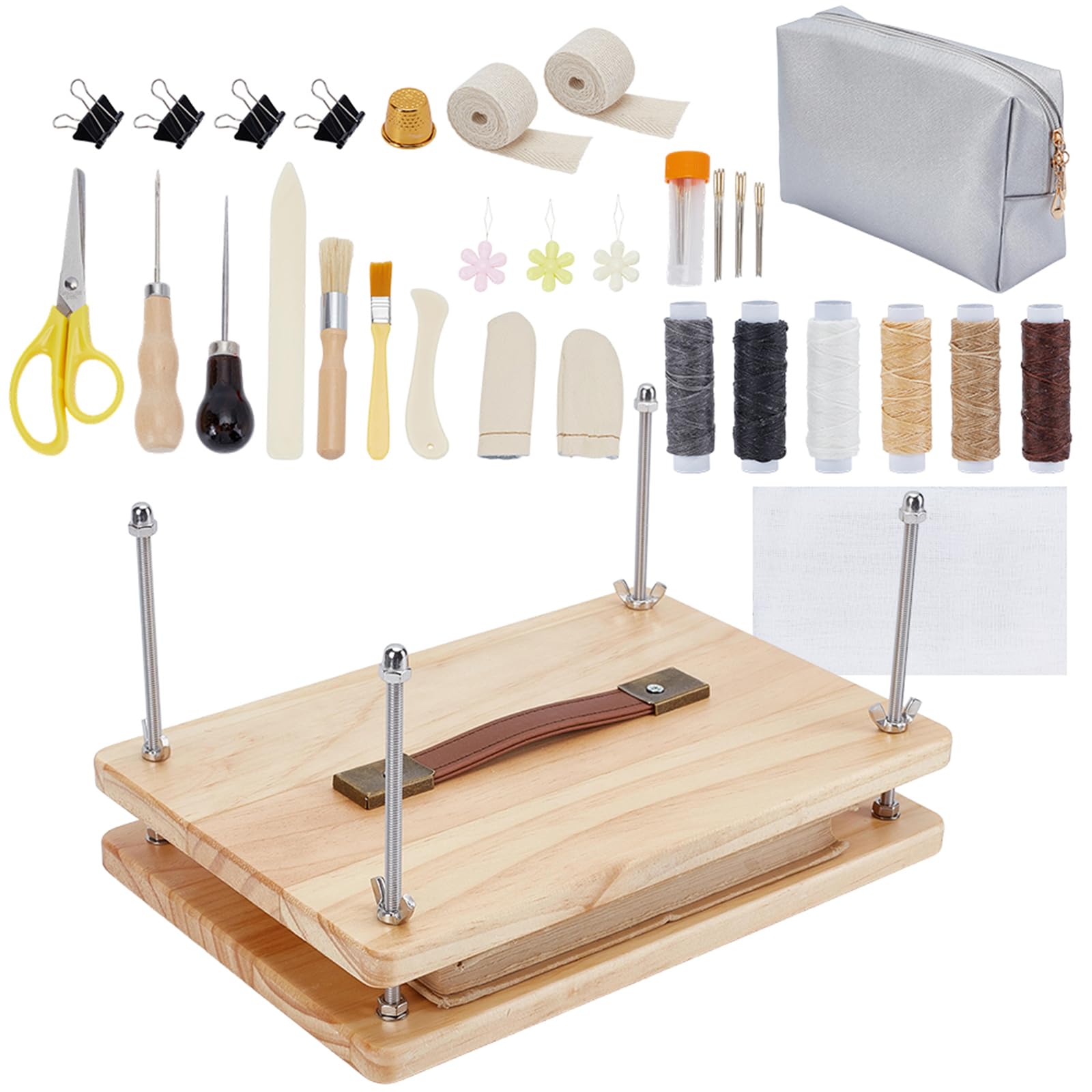 ORIGACH Set di rilegatura per libri in legno, 29,3 x 19,5 cm, accessori per rilegatura per principianti, con gambe pieghevoli, filo cerato, aghi, materiali per la rilegatura, per la riparazione di