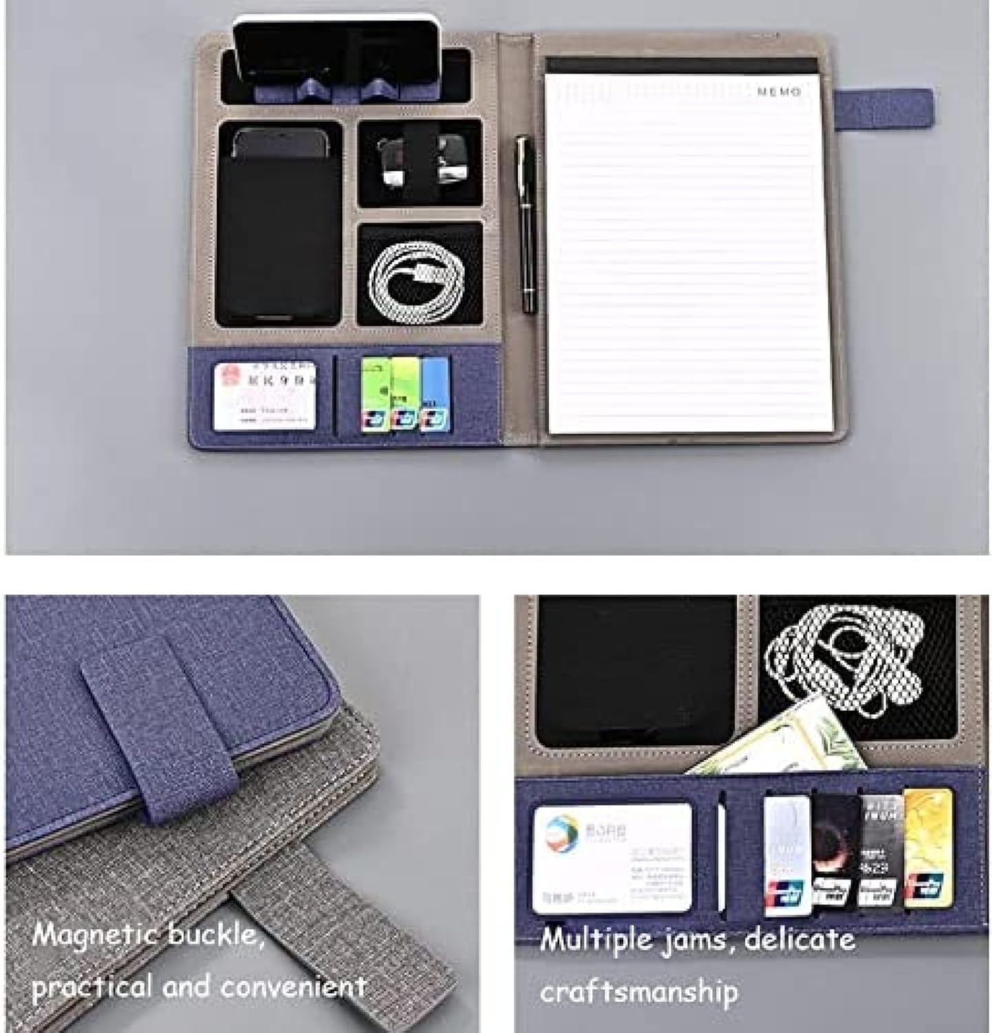 Biurowa Sztuczna Skórzana Klamra Magnetyczna A4 Portfolio Biznesowe Teczka Profesjonalny Organizer Konferencyjny Etui Na Cv I Dokumenty, Podkładka Do Pisania, Uchwyt Na Kart, Blue, 24 * 32cm