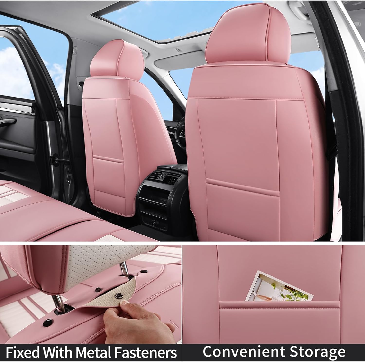 Car Seat Covers Full Set with Waterproof Leather, Luxury Universal Automotive Vehicle Cover for Cars SUV Pick-up Truck, Heavy Duty Seat Protector Car Interior Accessories (Pink White)