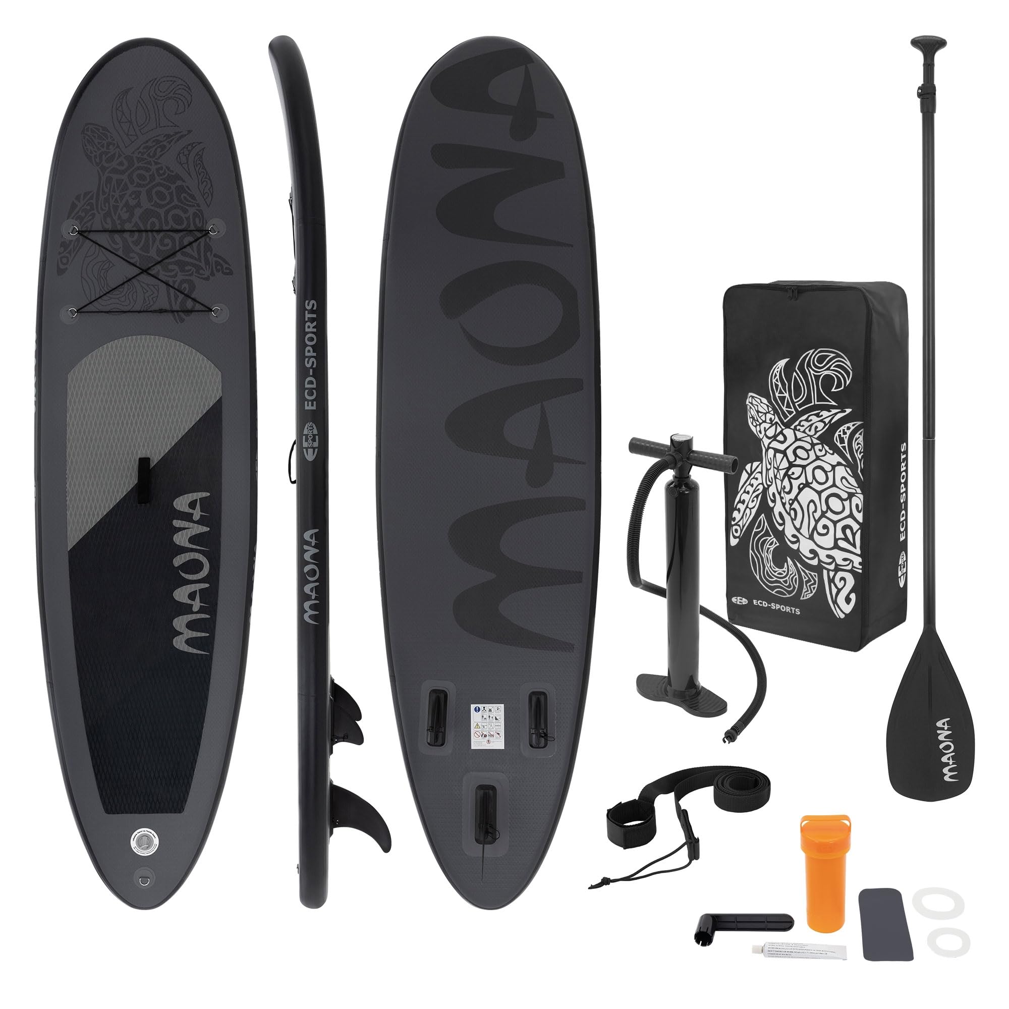 ECD Germany Tabla Hinchable Maona Paddle Surf/​Sup 308 x 78 x 10 cm Negro Stand up Paddle Board PVC hasta 120kg 3 Aletas deslizantes Diferentes Modelos Incl Paleta Aluminio Bomba y Accesorios
