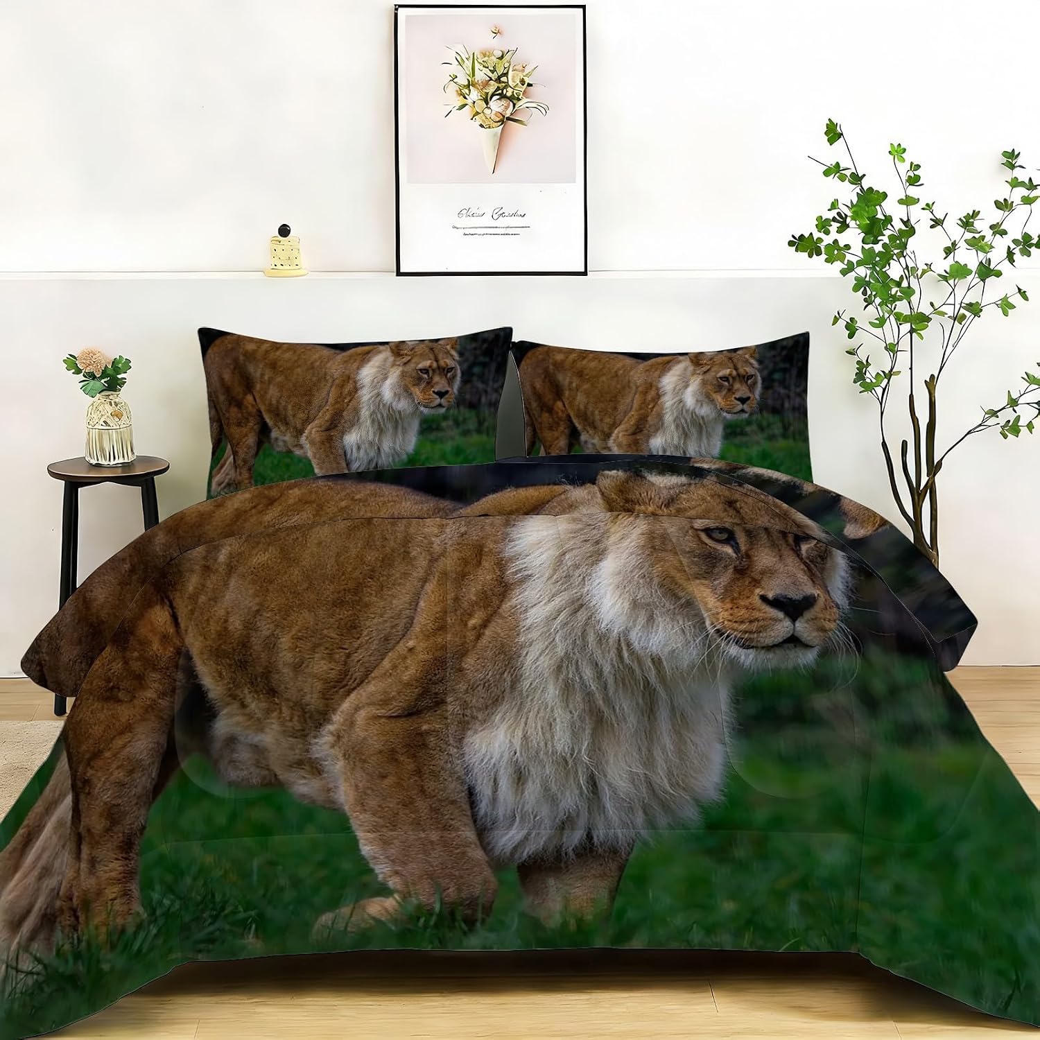 Lion Full Size Comforter Sets, Dark Green Comforter Full Size Luxury Soft Microfiber Fluffy Printing Duvet Insert, Quilt with 2 Pillowcases for Kids and Adults YUb2631