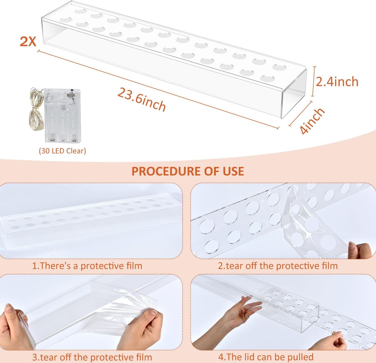 DearHouse Rectangular Vase Floral Centerpiece for Table - 24 Inch Rectangle Acrylic Vase Long Floral Centerpiece for Home Wedding Dining Table Decor(LED Clear)
