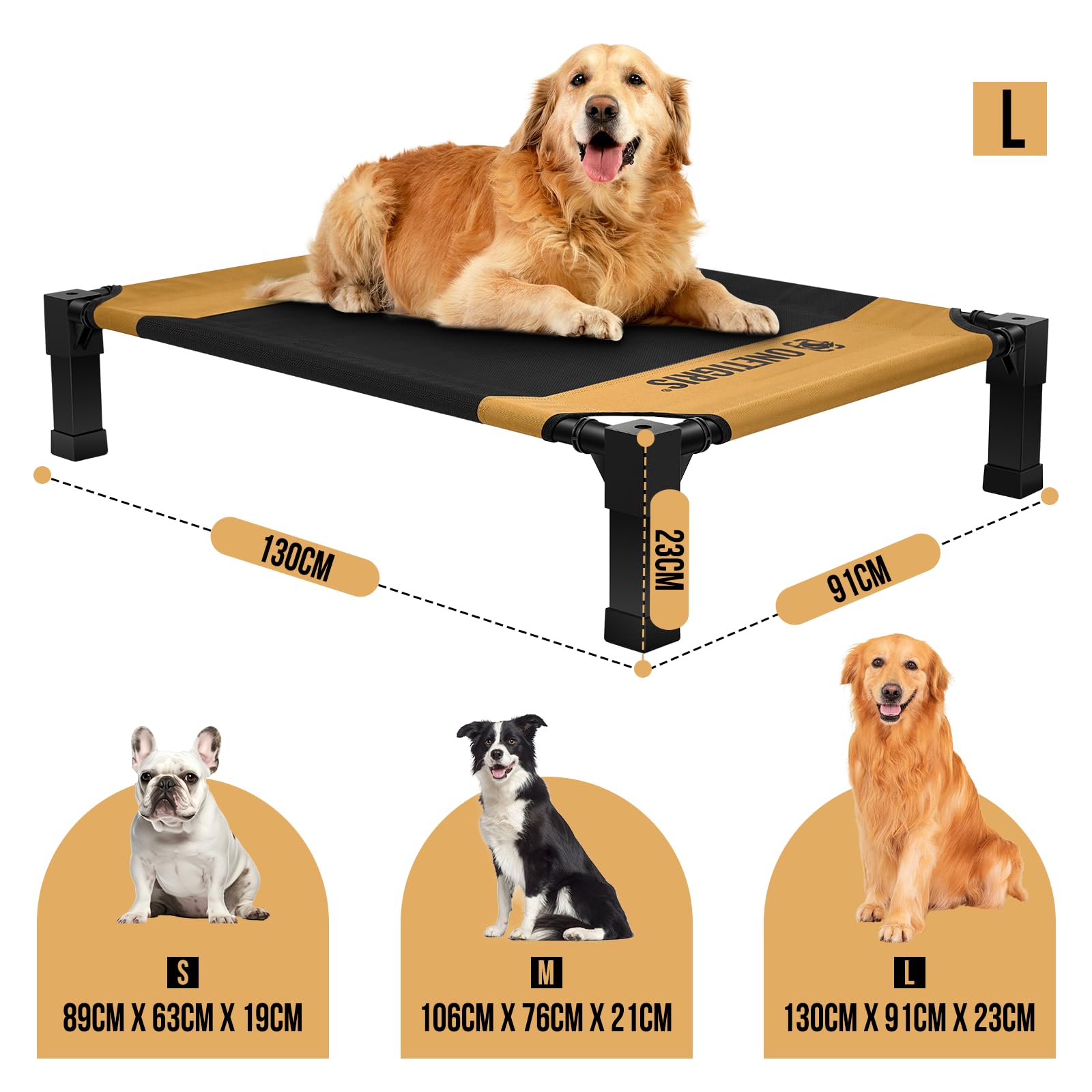 OneTigris Lettino per cani, letto rialzato, 130 x 91 cm, altezza 23 cm, facile da montare, traspirante, durevole, facile da pulire, adatto per interni, cortili, esterni, marrone, L