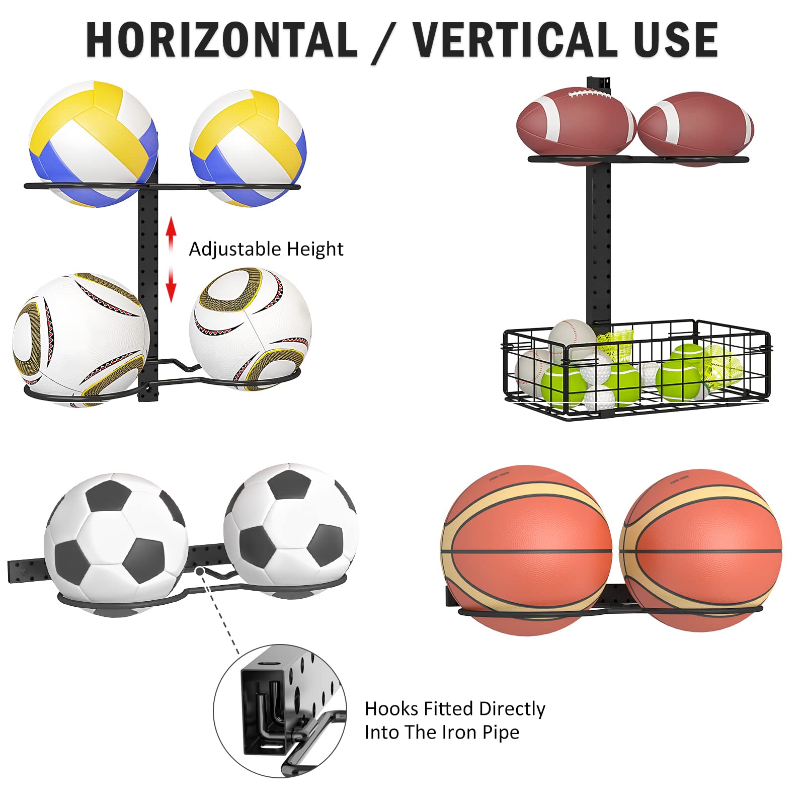 8 Tier Detachable Wall Mounted Basketball Rack, Vertical/Horizontal Football Holder, DIY1/2/3/4 Soccer Stand, Height-Adjustable Multifunctional Ball Rack with Basket for Bedroom,Garage, Tool Room