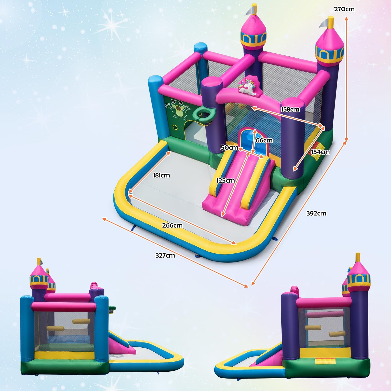 Château gonflable pour enfants(3-10 ans) 4 places - 405 x 416 x 218 cm - avec toboggan + piscine + souffleur - Oxford - Multicolore