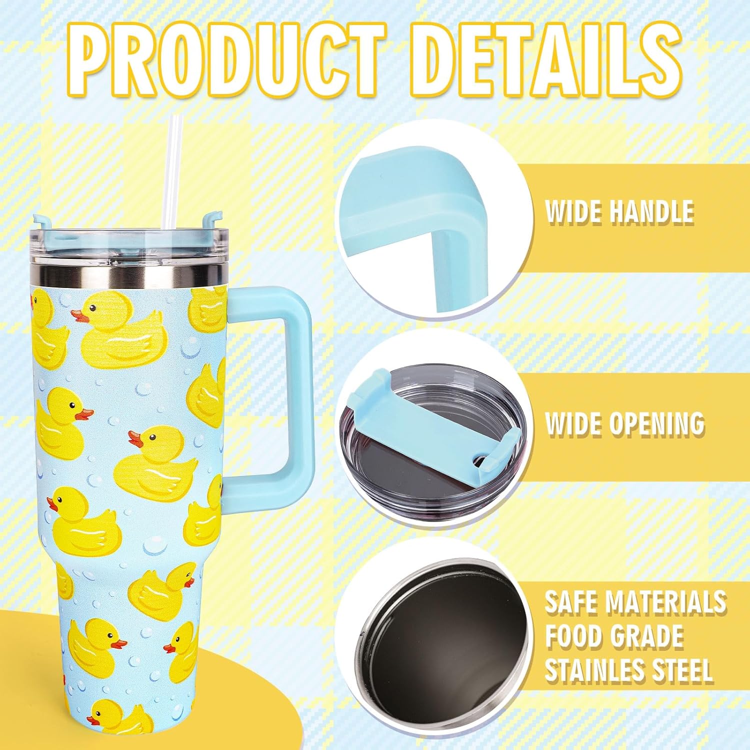 Whaline 40oz Yellow Duck Tumbler with Handle Straw and Lid Cute Animal Travel Tumbler Coffee Cup for Friend Holiday Birthday Party Favors - Image 3