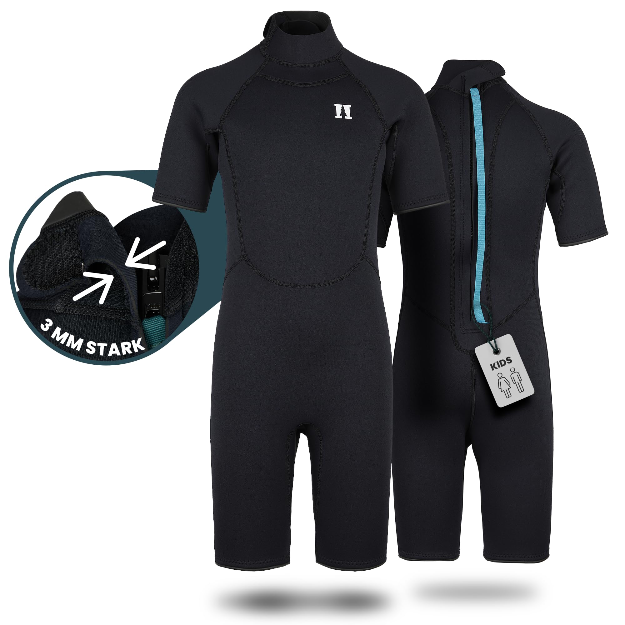 Kid's SeapineHe. Neoprenanzug für Kinder kurz 3mm - Neopren Shorty Kurzarm mit Rücken-RV – Wetsuit für Schwimmbad, SUP, Meer etc. – Leichter Tauchanzug aus Stretchmaterial