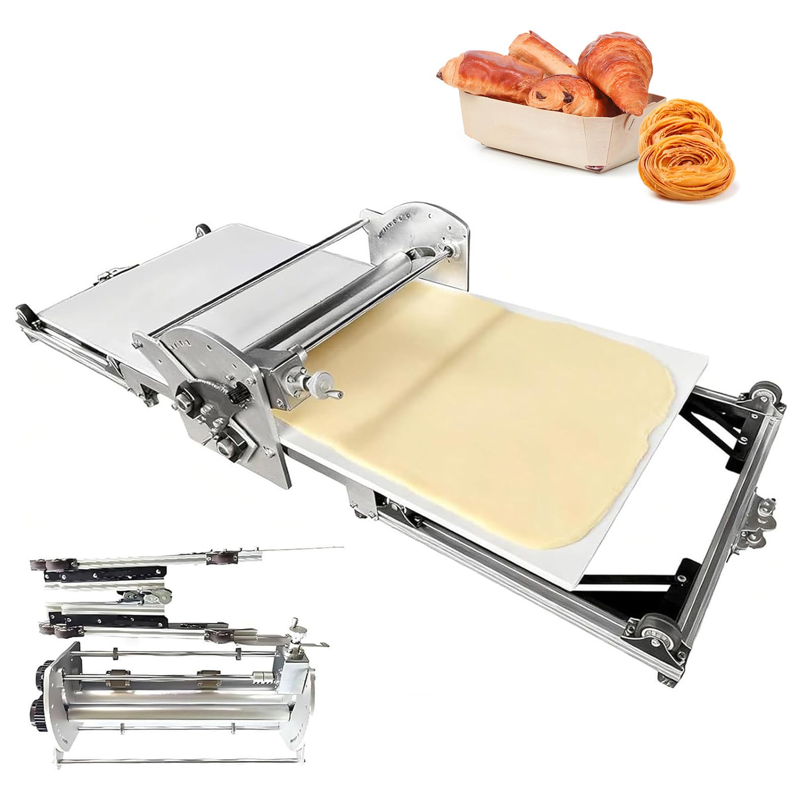 HTDRE Commercial Dough Sheeter Machine, 17.7" Reversible Puff Pastry Sheeter and Fondant Roller, Electric Dough Roller 2-30mm Adjustable Thickness, Folding Dough Sheeter for Bakeries Pastries 110V