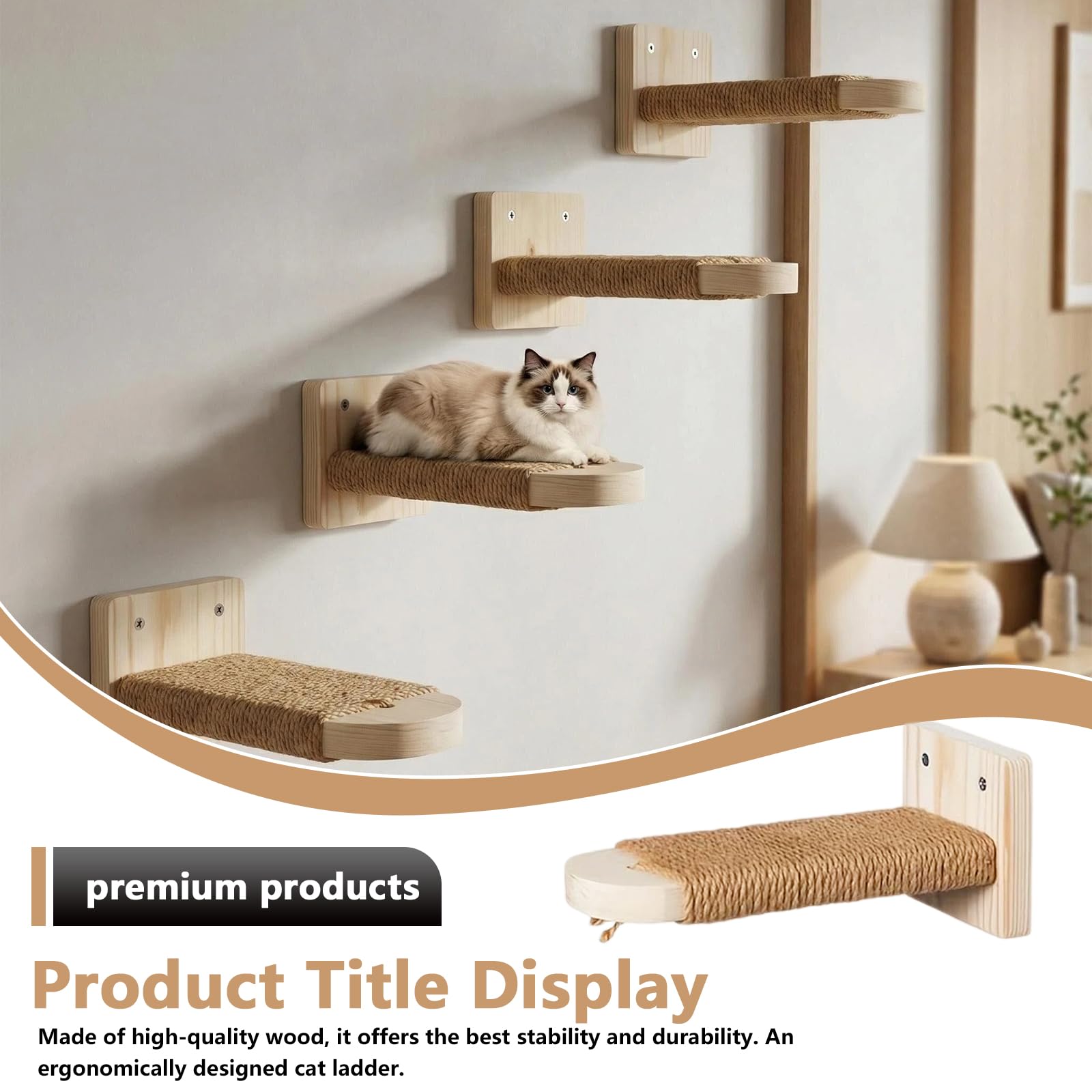 4 Stück Katzentreppe Wand: Holz Katzen Kletterwand aus Massives Gummiholz, Katzenleiter Set, Katzenwandstufen für Kletterspaß und entspannte Ruheplätze zu Hause, Stabile Wandliege bis 20 kg