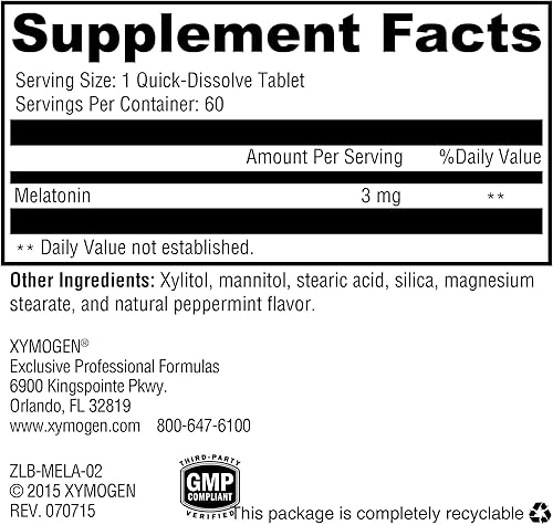 Miniatura 2 de XYMOGEN Melatonina - Pastillas de menta - Suplemento de melatonina de 3 mg para la noche, antioxidante + apoyo inmunológico (60 tabletas de
