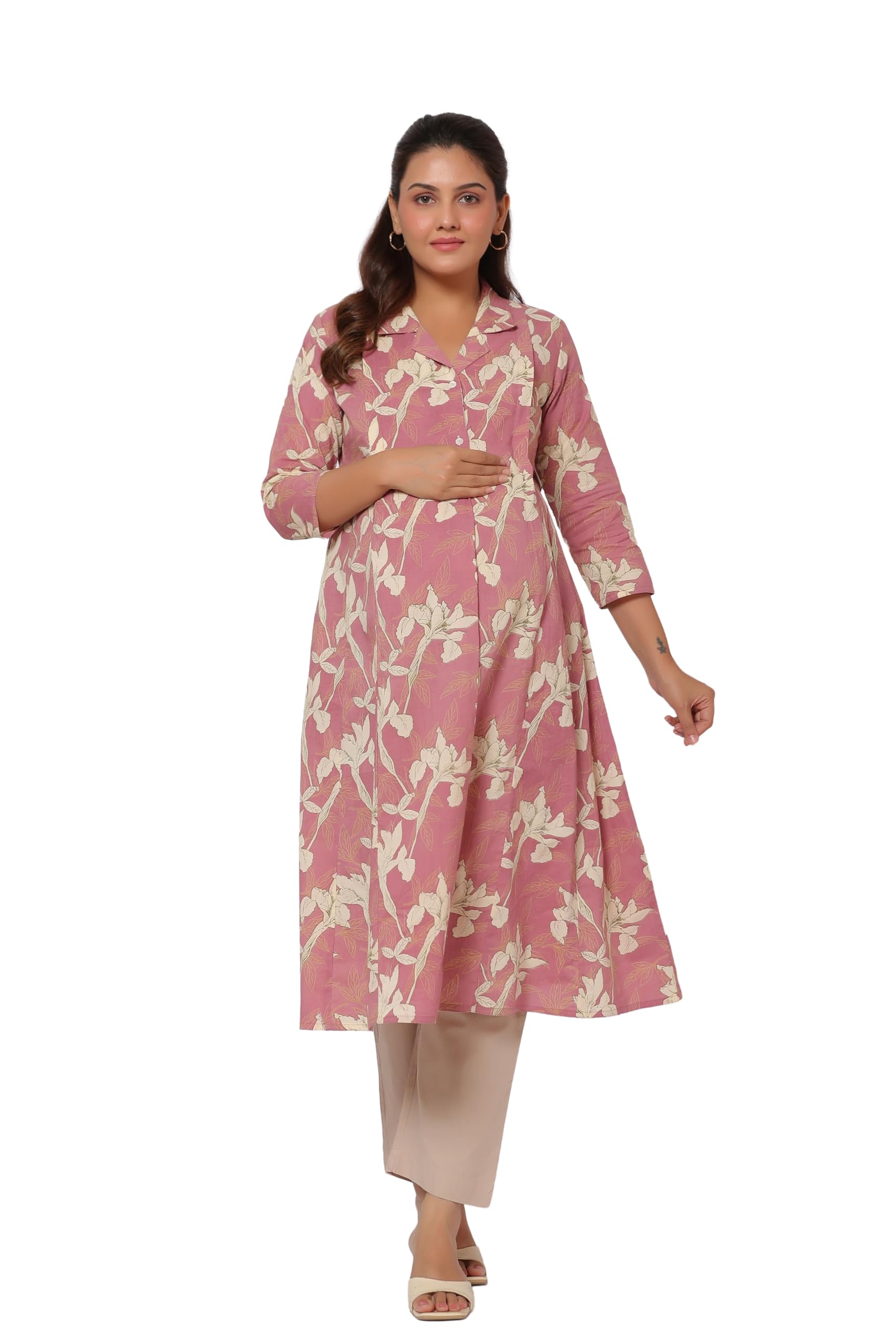 Pre & Post Maternity/Nursing Wear Hand Printed Kurta Cum Midi Dress/Nighty with Both Sides Zipper Easy Feeding to Be Moms & Nursing Mothers Cotton Old Rose-image-12