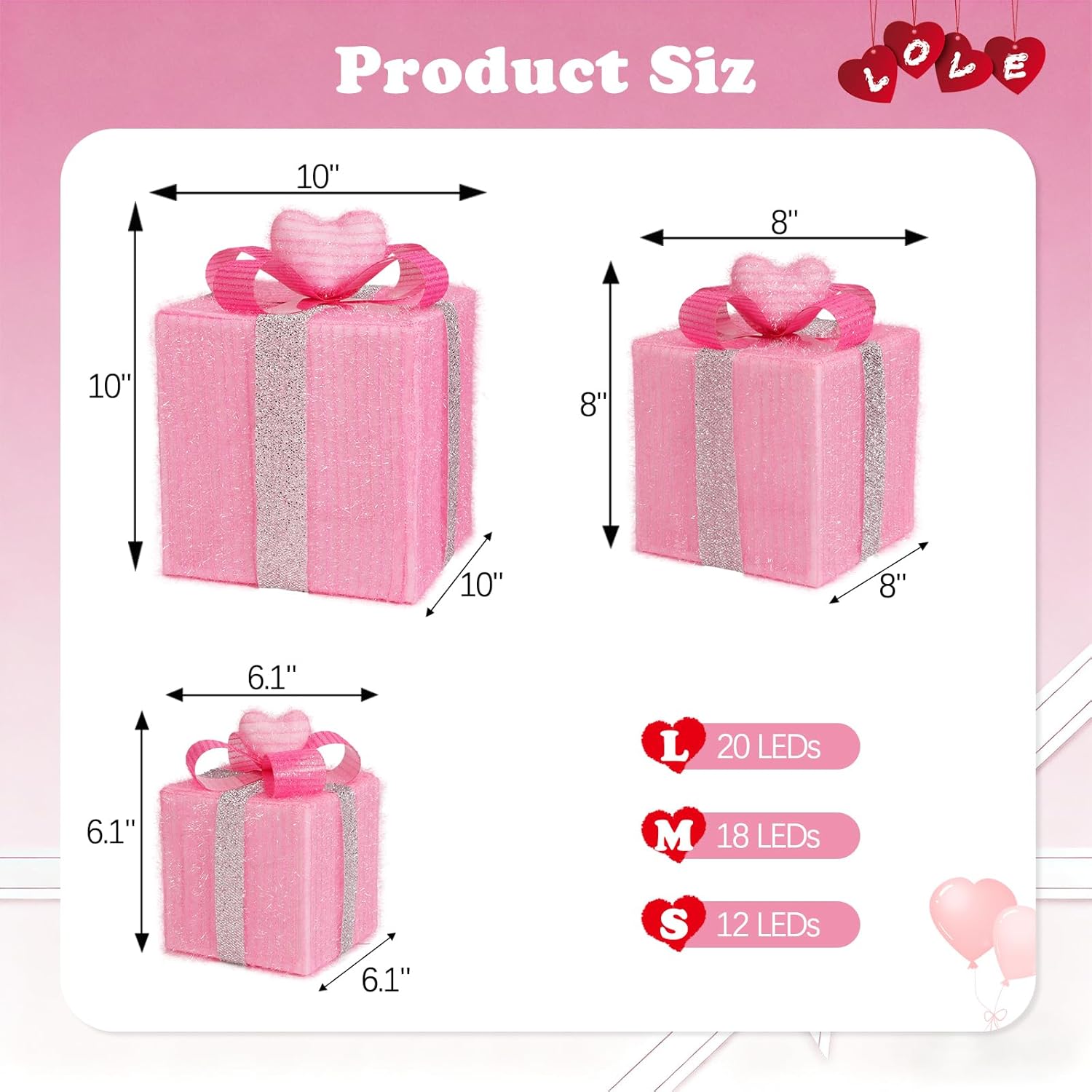 Lewondr Valentines Day Decorations Pink Heart Lighted Gift Boxes with Timer, USB Powered Light Up Present Boxes, Love Shaped Ornament and Glitter Silver Bow, Valentine Decor Romantic Anniversary