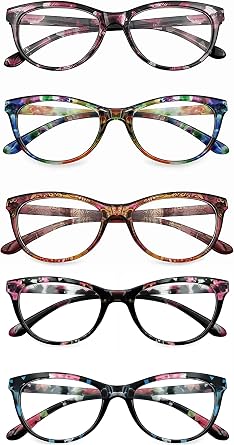 5 Pack Ladies Reading Glasses Blue Light Blocking Spring Hinge Fashion Pattern Print Eyeglasses for Women