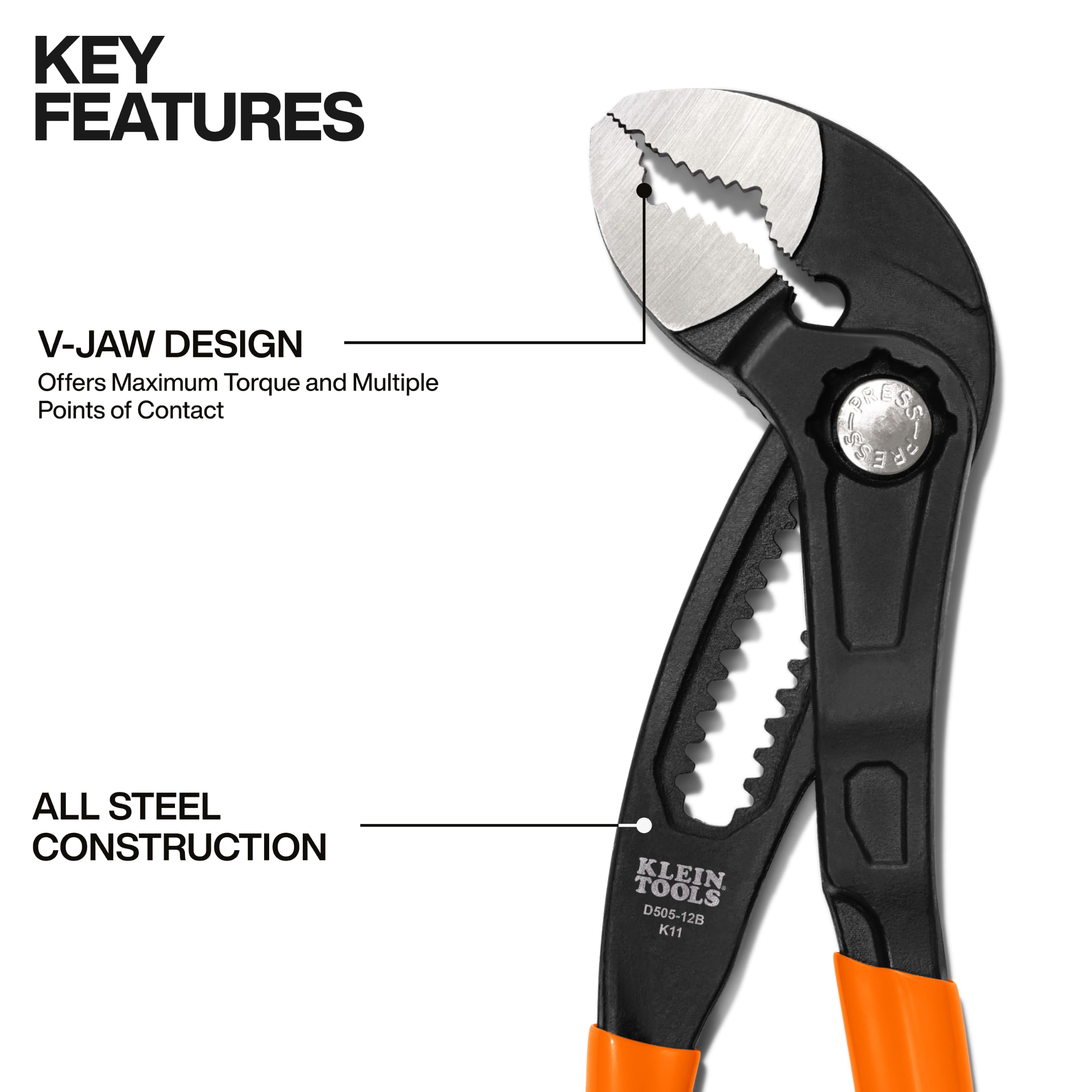 Klein Tools D50512B Alicates de bomba, Klaw de ajuste rápido, mandíbula curvada, dientes endurecidos para un par máximo, 12 pulgadas