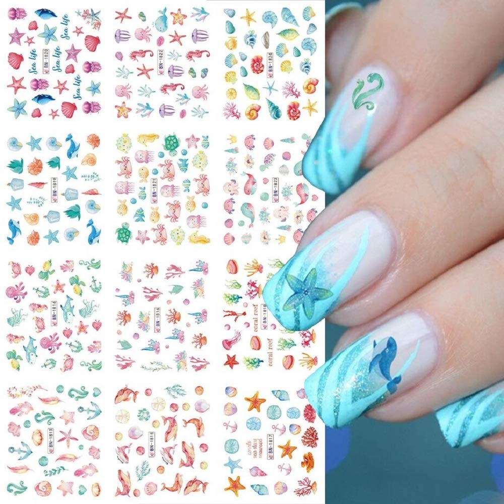 12pcs Ocean Animal Summer Nail Water Decalcomanie Starfish Coral Reef Seaweed Sticker Sea Life Nails Art Transfer Slider