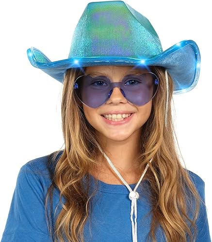 Miniatura 4 de Funcredible Sombrero de vaquero y lentes con luz azul, sombrero de vaquera LED para niñas, sombrero de vaquero de neón, accesorios de disfraz de