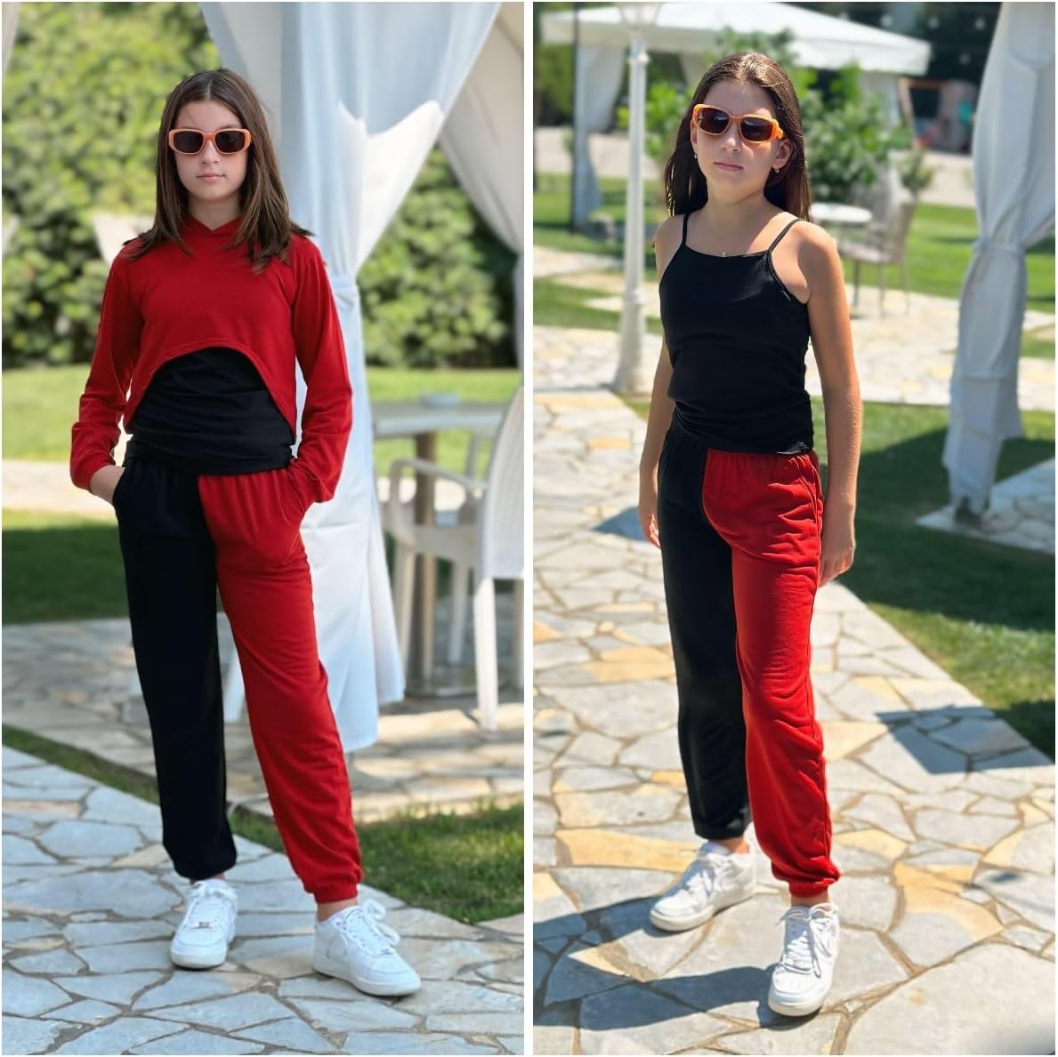 Arshiner 3 Piece Girls Jogger Set Sweatsuits Crop Sweatshirt Hoodie Adjustable Cami Top and Sweatpants