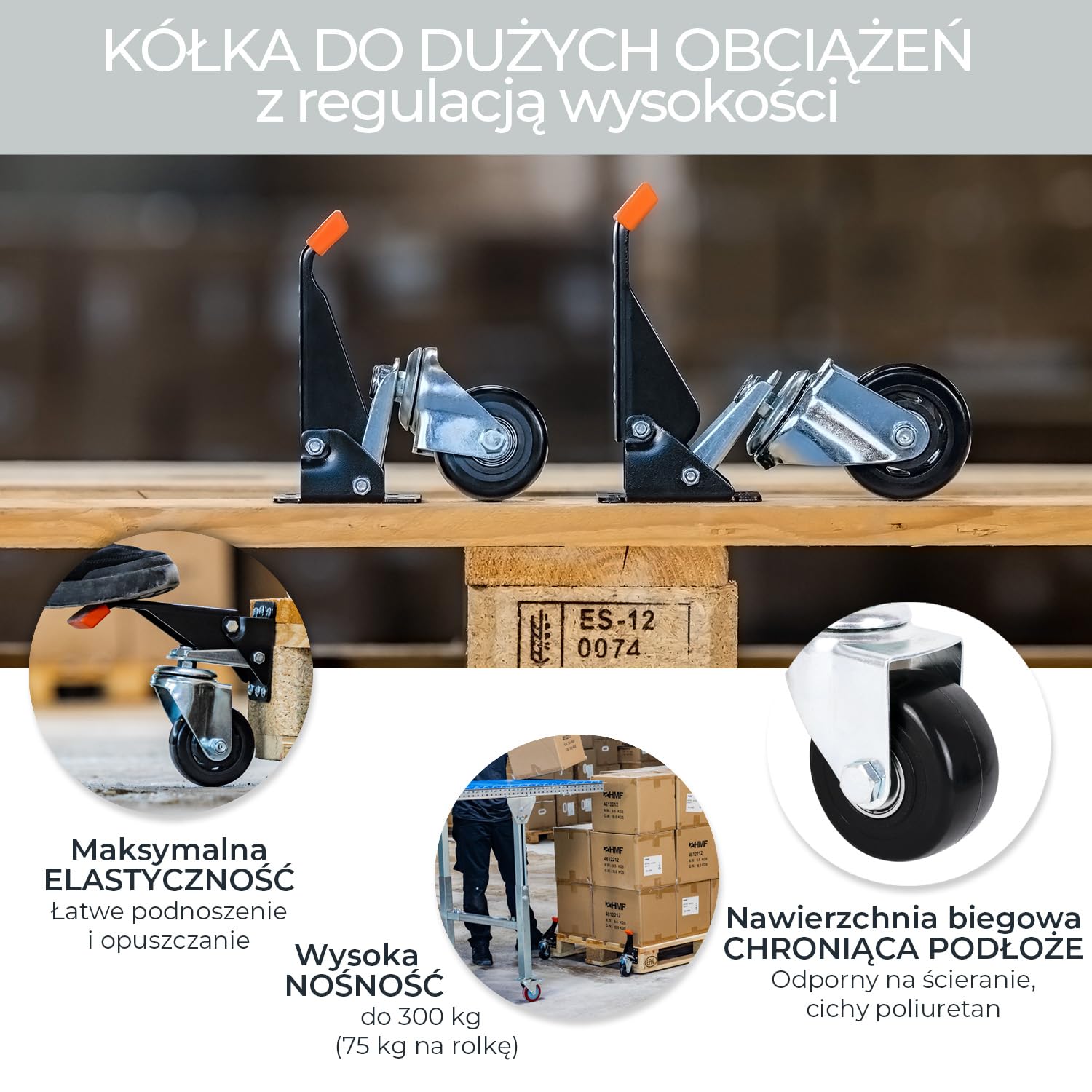 HMF 6750 Rolki do dużych obciążeń, opuszczane, na stół warsztatowy, 4 sztuki, 65 mm, do 300 kg, kolor czarny