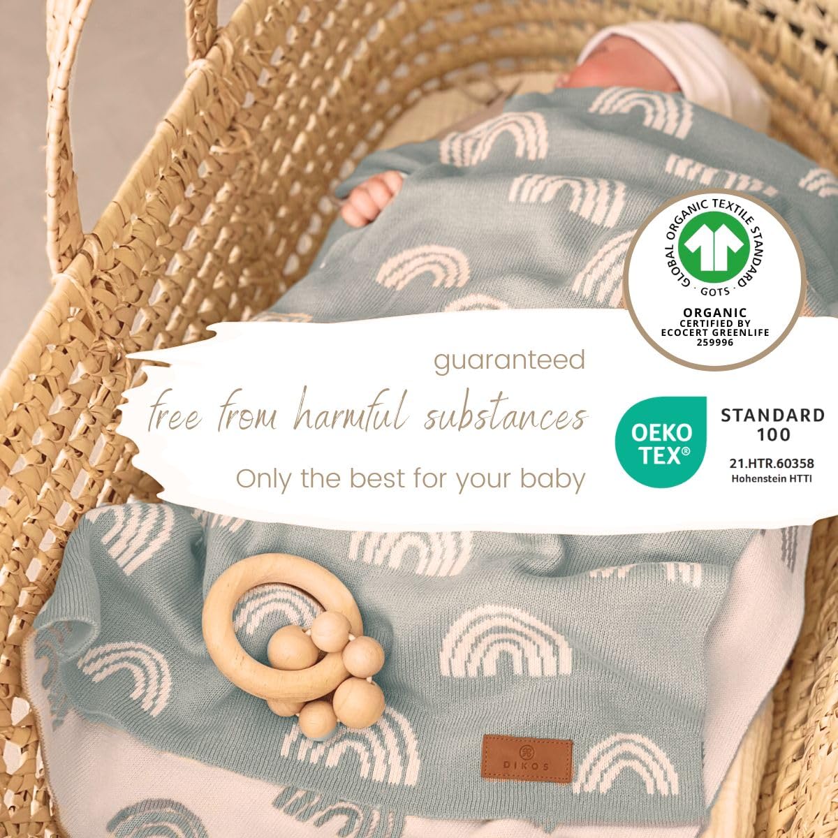DIKOS GOTS Baby Blanket 100% Organic Cotton Rainbow Mint Newborn Blanket Winter Girl Boy Cuddly Blanket Knitted Blanket Cotton Blanket Pram Baby First Equipment Gift for Birth - Image 3