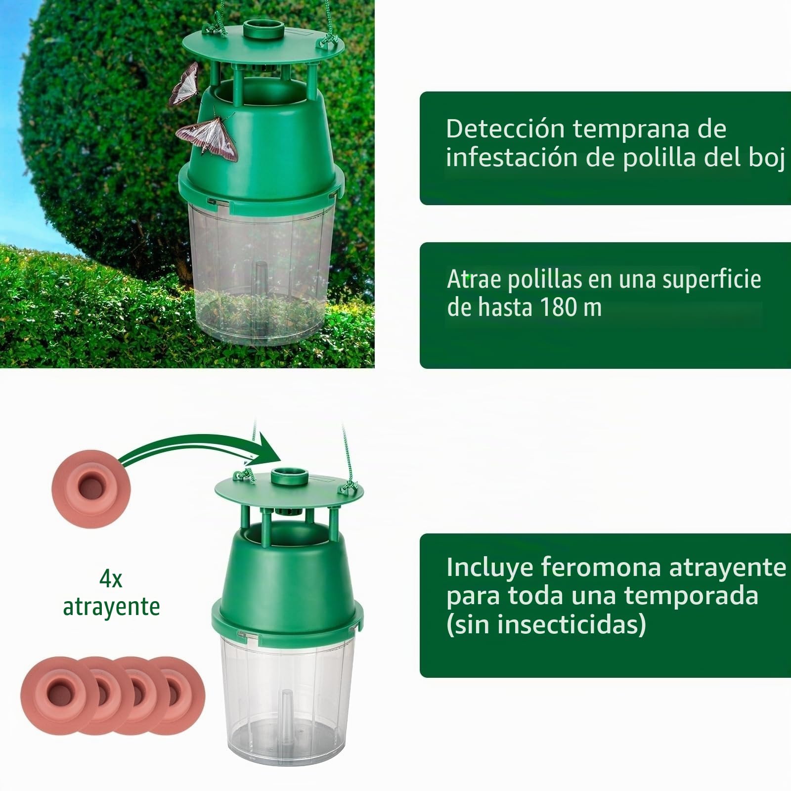 Gardigo® Trampa para Polillas del Boj con Atrayente de Feromonas | Incluye 4 dispensadores de atrayentes | Antipolillas Fácil de Usar sin Insecticida | Trampa contra la Polilla del Boj - 180m²