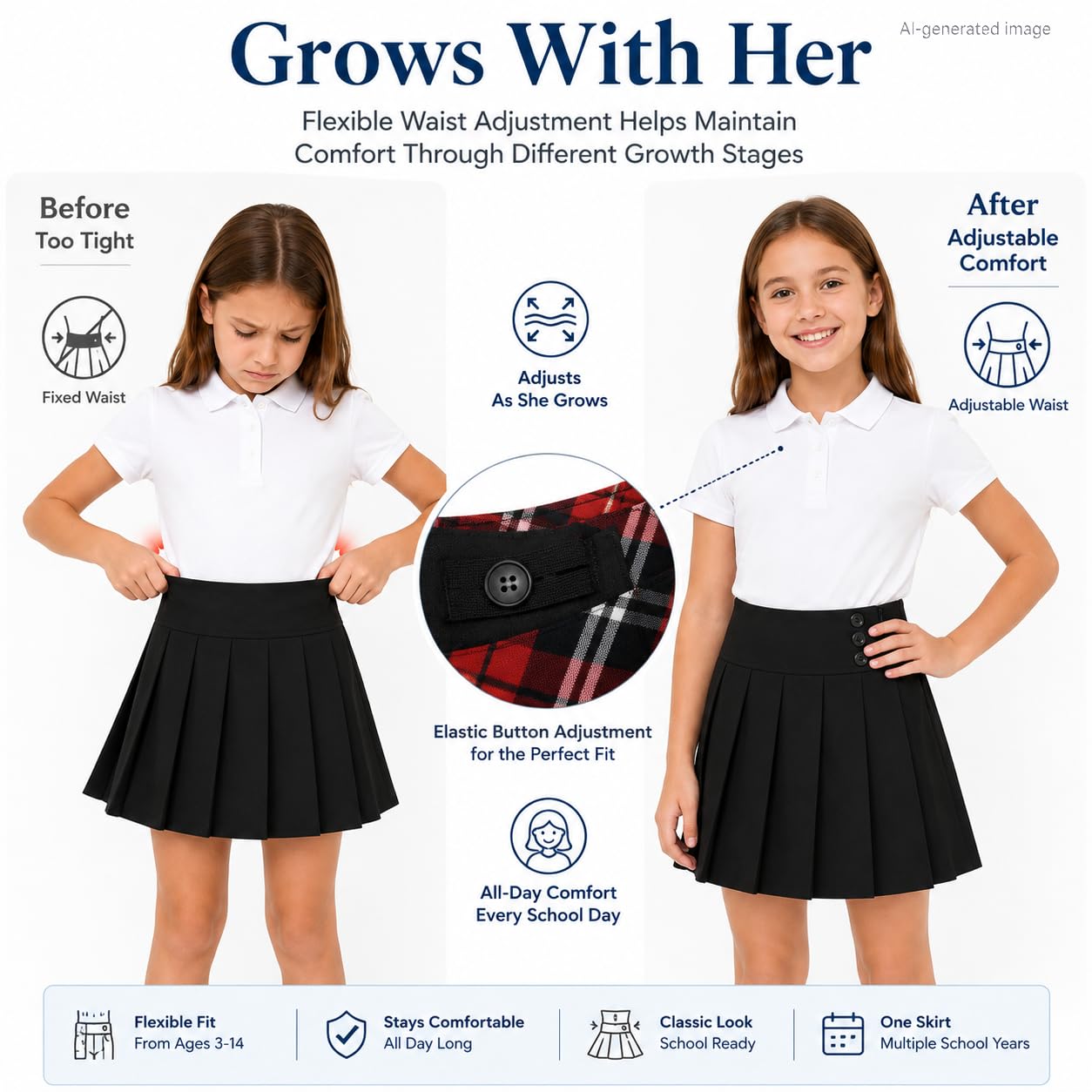 Bienzoe Falda de uniforme escolar para niñas: falda plisada de cintura ajustable para niños, negro, 13-14 Years
