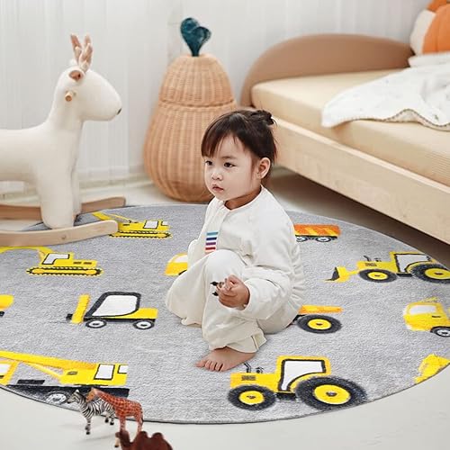 Miniatura 8 de Poowe Alfombra redonda de construcción para niños, alfombra suave y esponjosa de construcción para sala de juegos, antideslizante, alfombra de