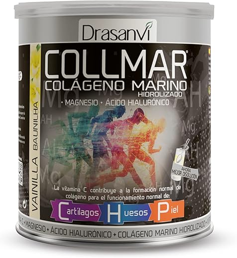 Drasanvi COLLMAR Colágeno Marino Hidrolizado con Ácido Hialurónico, Magnesio, Vitamina C | para cartílagos, huesos y piel | Sin edulcorantes |Alta dosis 9.717 mg/dia |300g de polvo | Sabor Vainilla
