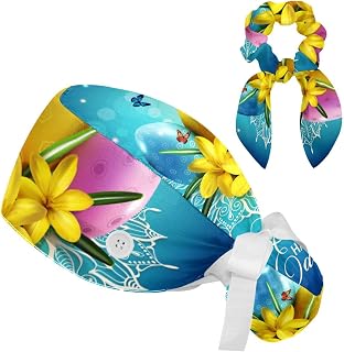 FVQL 2 Pieces Surgical Cap for Long Hair Scrub Cap with Hairband Nurse Cap, Easter Pattern Eggs